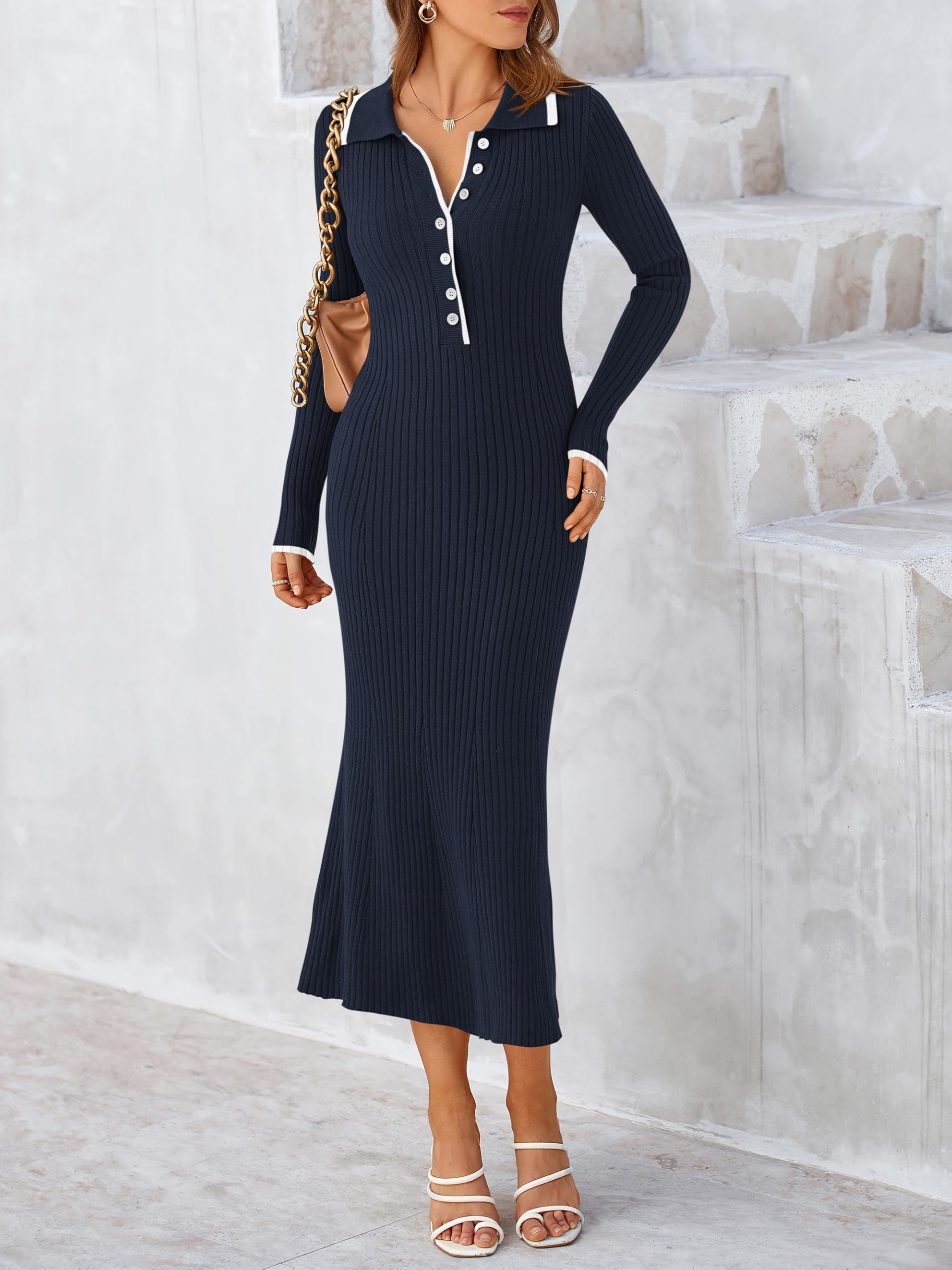 MASCOMODA Abito da donna a maniche lunghe con scollo a V, casual, con risvolto e bottoni, vestibilità aderente, a costine, maxi abiti lunghi