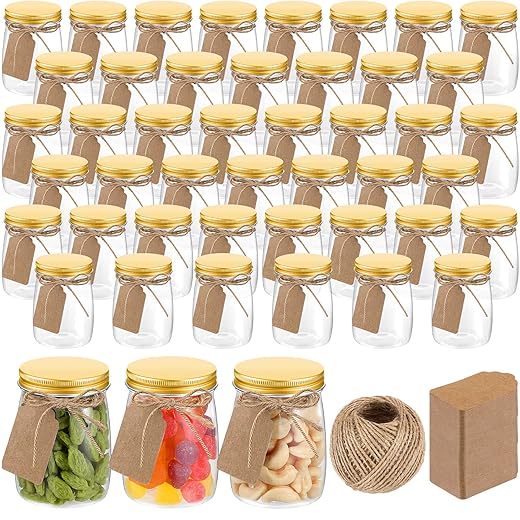 Nitial 50 Pack 5 oz Plastic Jars with Lids Small Yogurt Containers with Aluminum Lids Clear Mason Jars Candy Jars with DIY Craft Twine and Labels Gifts for Christmas Wedding Baby Shower (Gold)