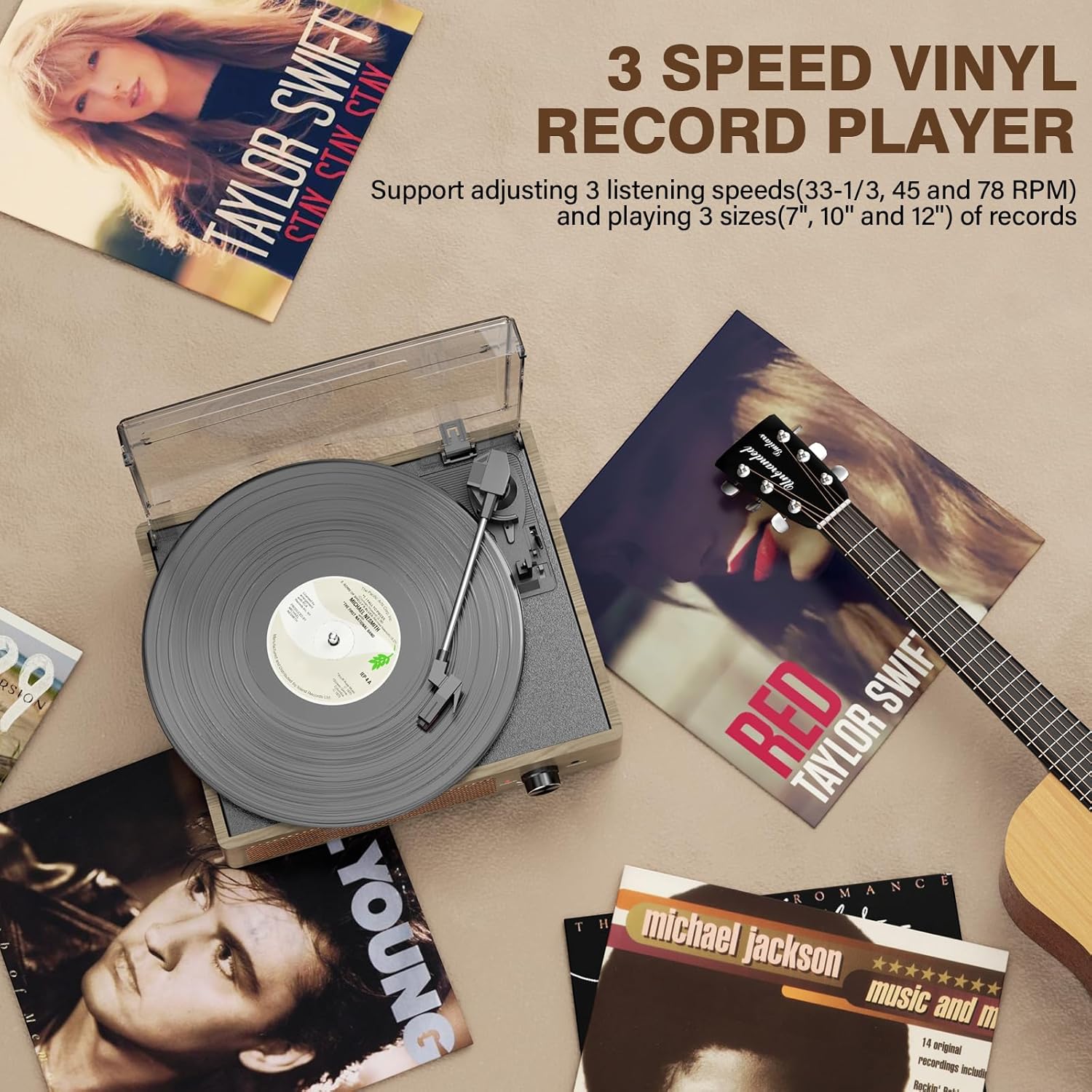 Bluetooth Vinyl Record Player,3-Speed Turntable with Stereo Speakers Vintage Phonograph Record Player, with RCA Line Out AUX in Headphone Jack Grey Wood