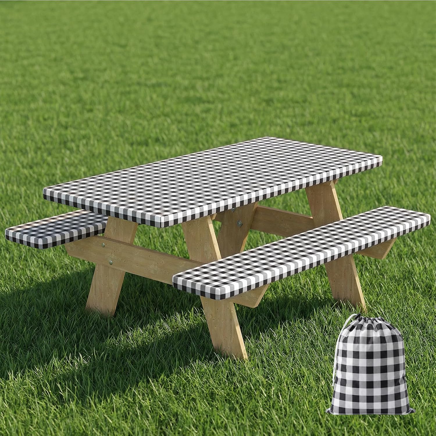 Velway Picnic Table Cover with Bench Covers, Camping Essentials Waterproof Elastic Fitted Tablecloth for 6FT Rectangle Tables, Outdoor Washable Buffalo Plaid Table Cover Set (Black & White, 30×72")