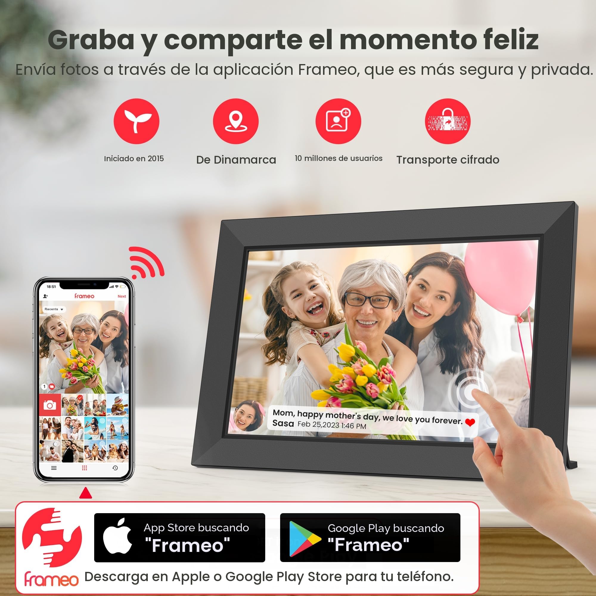 Frameo Marco de Fotos Digital WiFi 10.1 Pulgadas, Memoria Incorporada 32GB, HD 1280x800 IPS, Pantalla Táctil para Fotos/Videos, Soporte Multilingüe, Rotación Automática, Montaje en Pared
