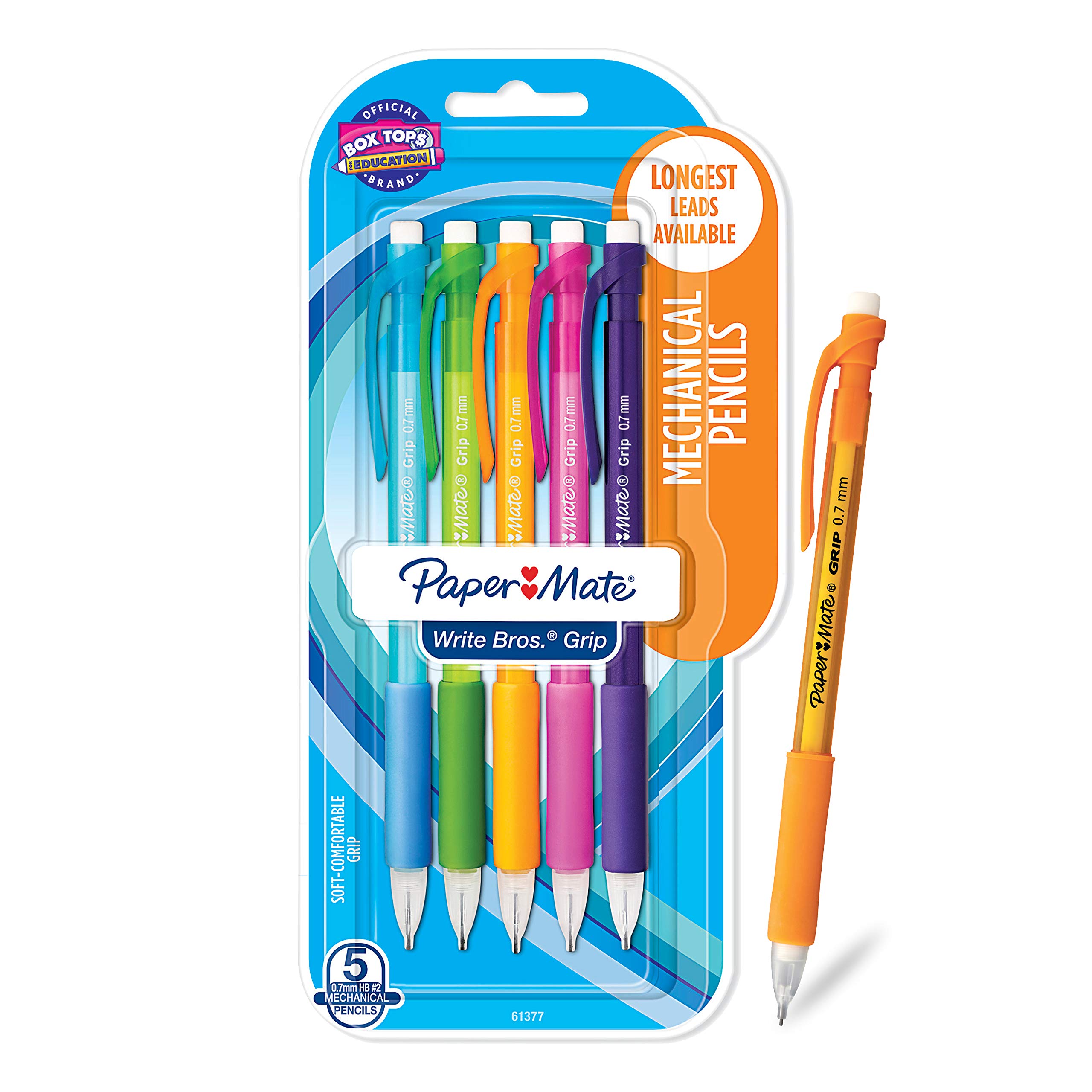 Write Bros Grip Mechanical Pencils, 0.7mm Point Size, Smudge Resistant Eraser, Comfort Grip, Number 2 Lead, Assorted Colors, Pack of 5 (61377)