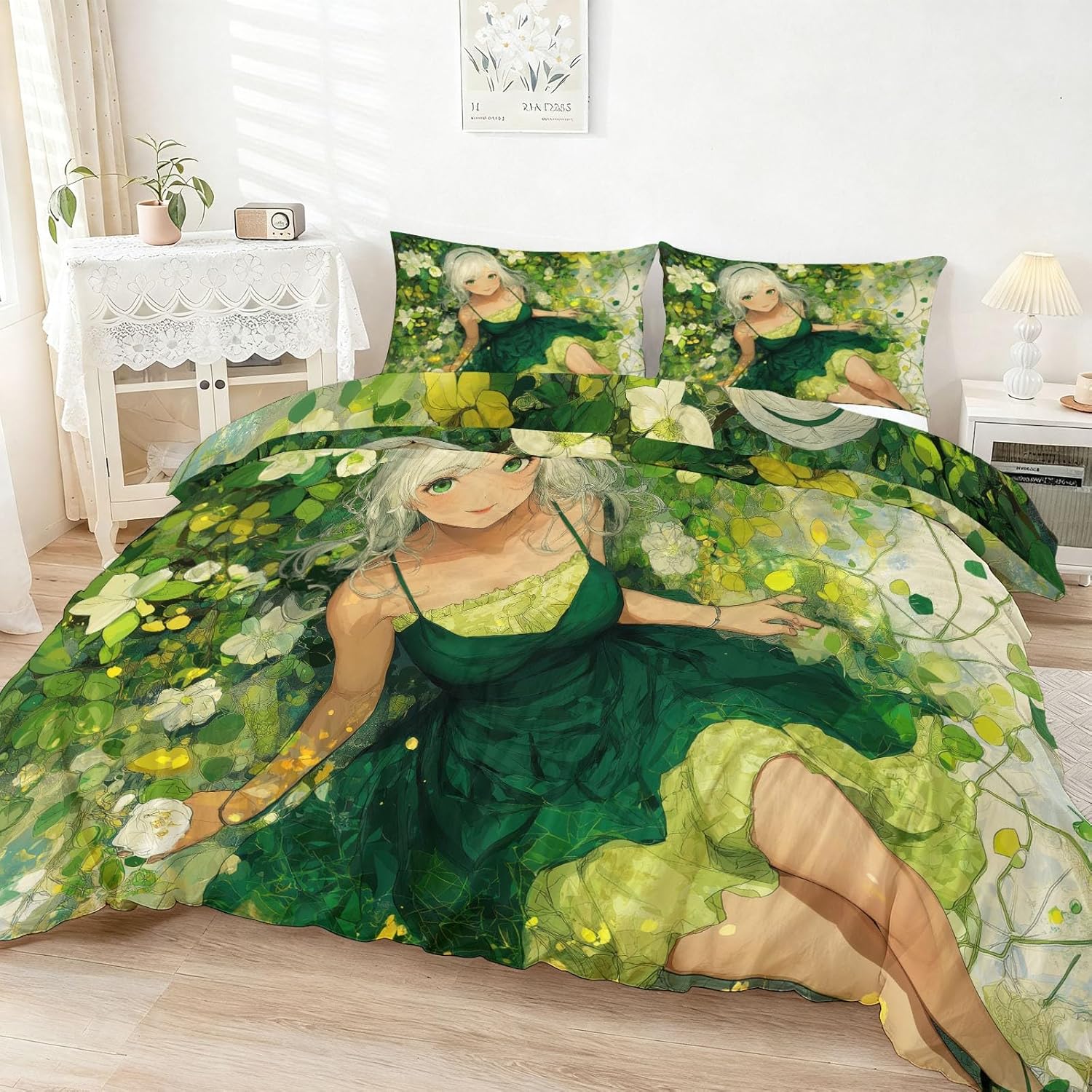 Duvet Cover for Kids Anime Girl Leaves Flowers Quilt Cover Sets Reversible Soft Bedspread Cover Room Decor, Sage Green Bedding Set 3Pcs Zipper Closure Boys Girls Teens (Twin Size 68"x90")