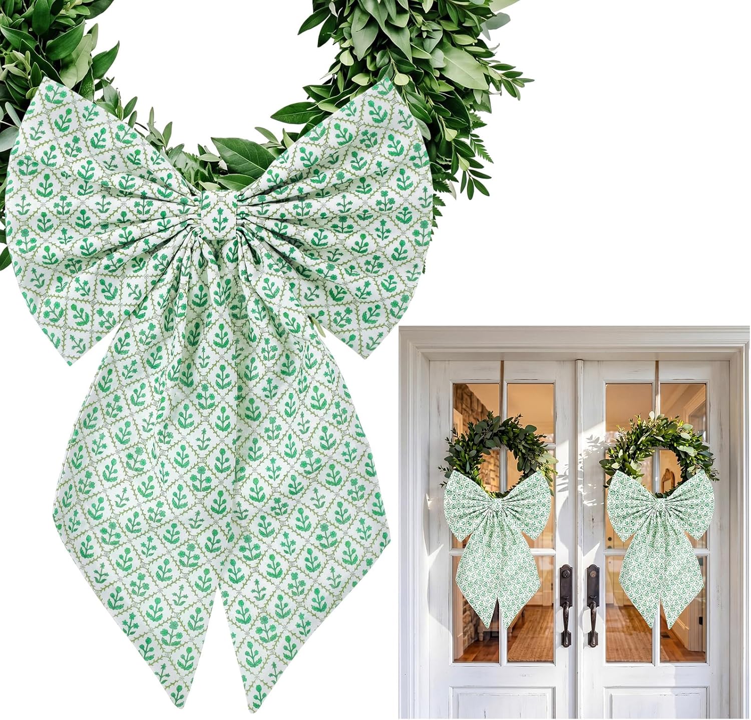 XunYee 2 Pcs Green Block Print Wreath Sash for Front Door, 24 x 16 Inch Floral Burlap Wreath Bow Ribbon Accessories for Wedding Anniversary Yard Indoor Outdoor Bridal Shower Home(Green Block Print)