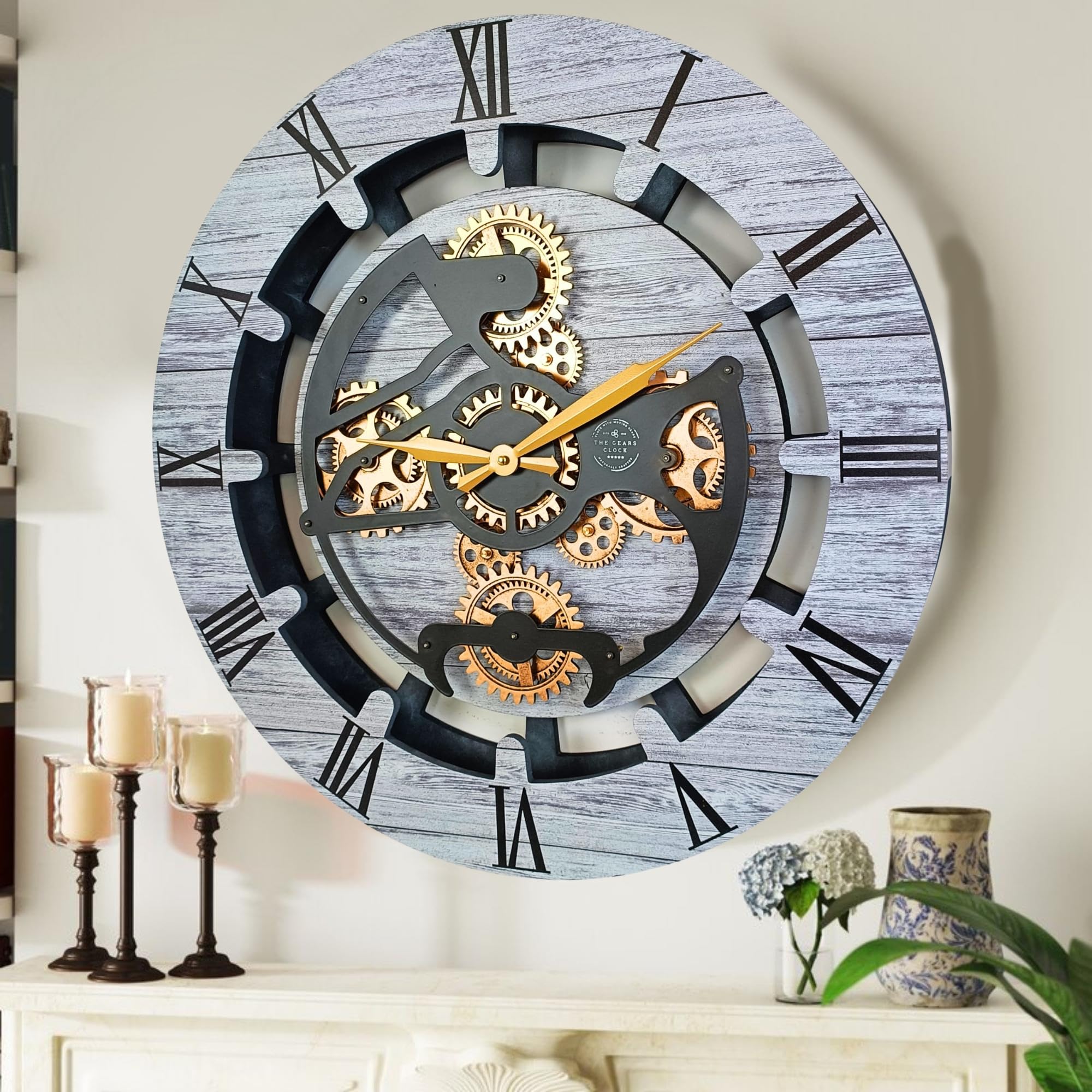 THE GEARS CLOCK Wanduhr mit echten beweglichen Zahnrädern Canada Line 60 cm rund (Silbergrau, 60 cm)
