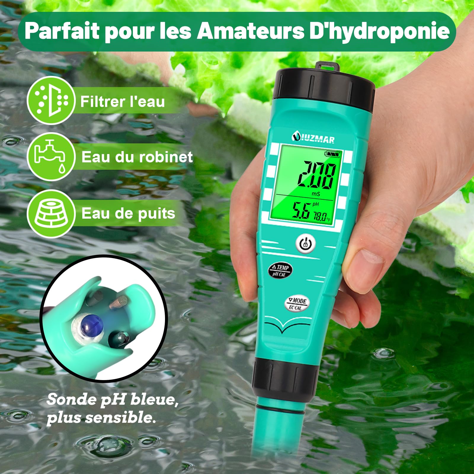 UIUZMAR pH Mètre for Hydroponics Moniteur EC pH Testeur pH PPM Pour Système Hydroponique Mesure Simultanee du pH EC TDS Temperature Pour Installation Dwc Réservoir Hydro, Jardin Aeroponique