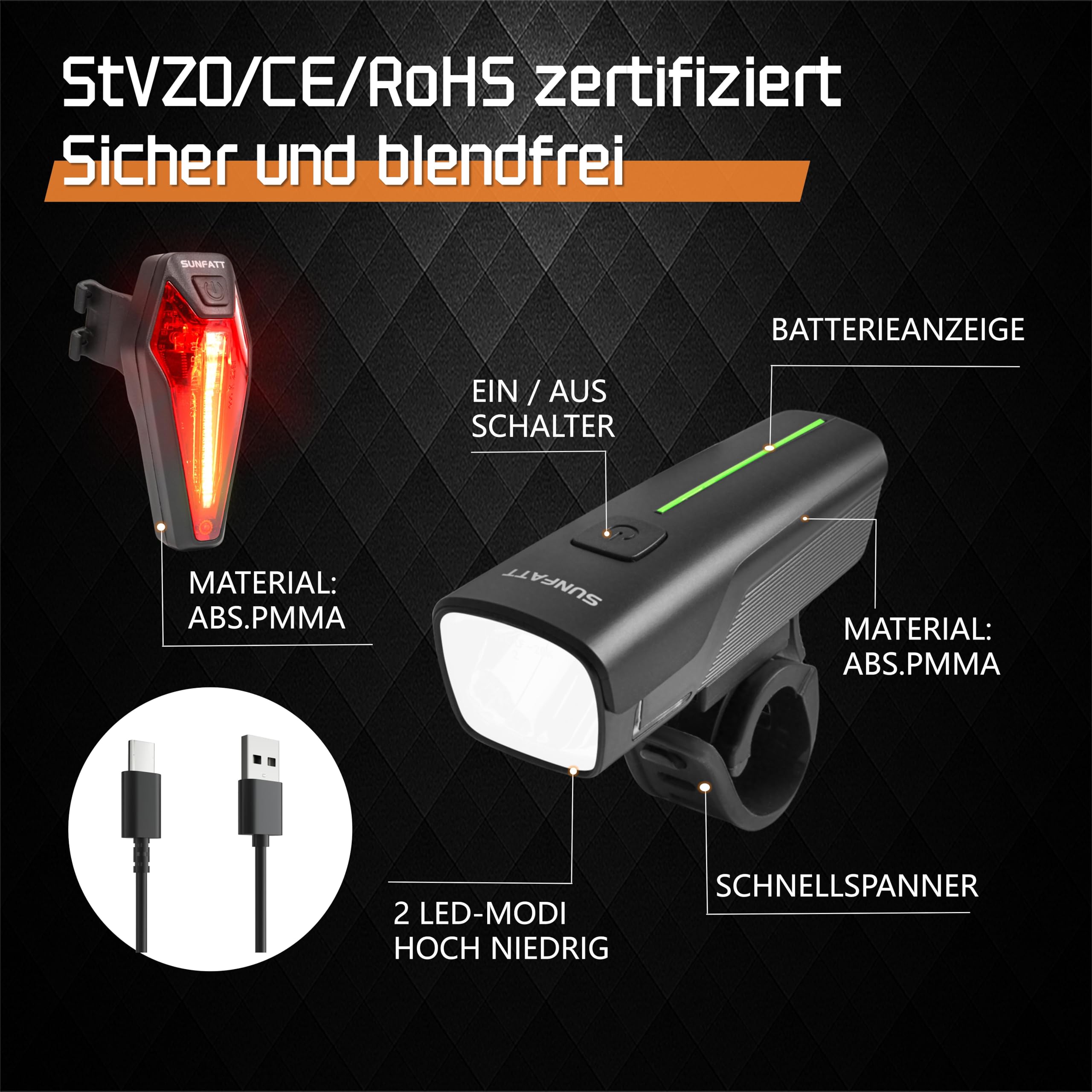 SUNFATT Fahrradlicht Set StVZO Zugelassen – 2600mAh Akku Fahrradbeleuchtung mit 50/30 Lux – IPX5 wasserdichte Fahrrad Lichter LED Set, USB Aufladbar – Helles Fahrrad Licht & Rücklicht für E-Bike