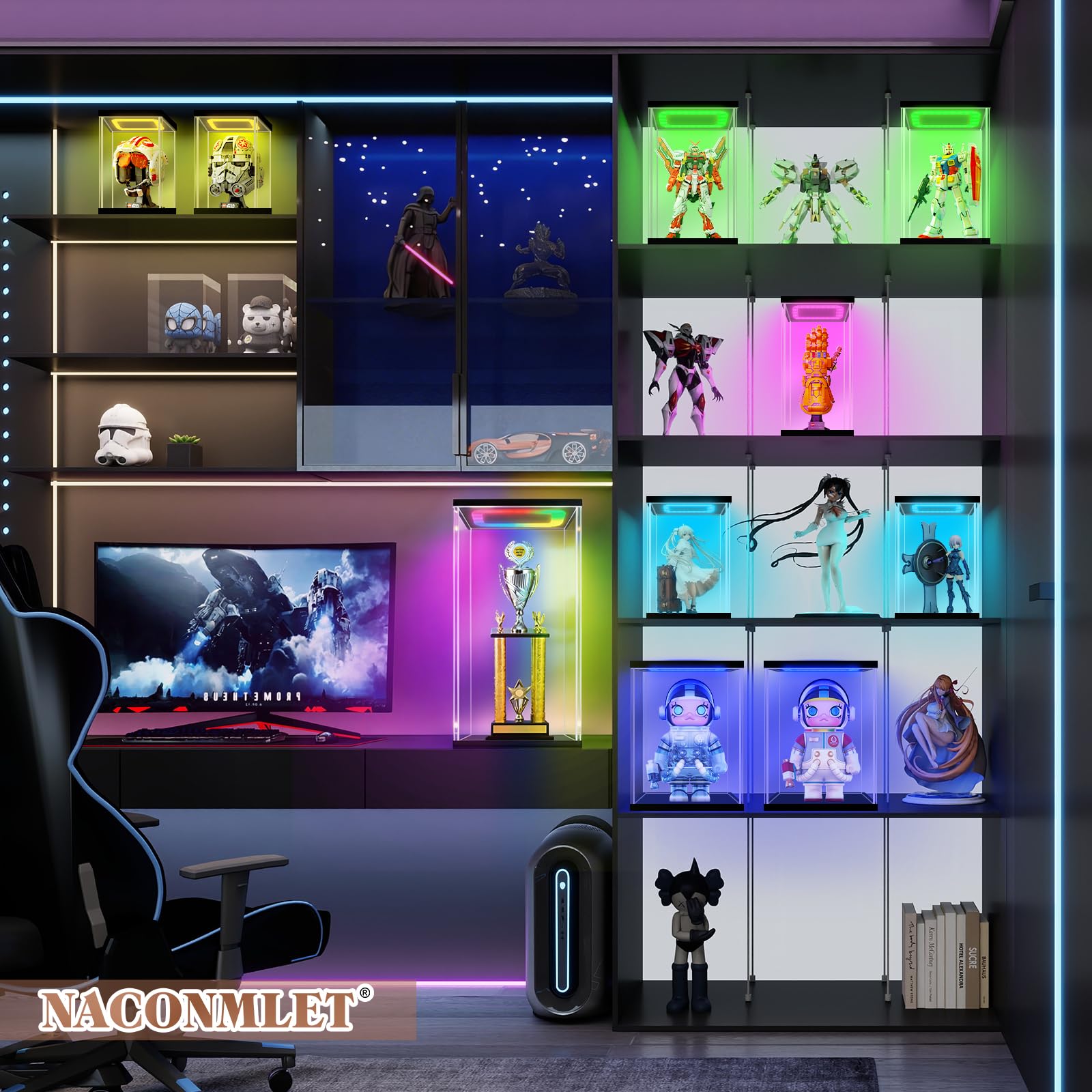 Acryl Vitrine, Schaukasten mit RGB LED für Popmart MEGA 400%, 25x22x40cm