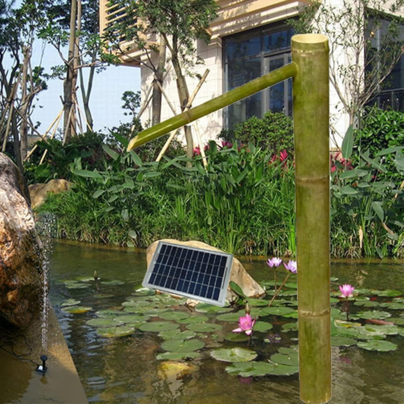Fontana Solare, Fontana da Giardino in bambù Naturale Resistente alle spaccature, Fontana d'Acqua Zen Feng Shui, Decorazione con Acqua Corrente per Esterni, per Prati, Giardini e Cortili.