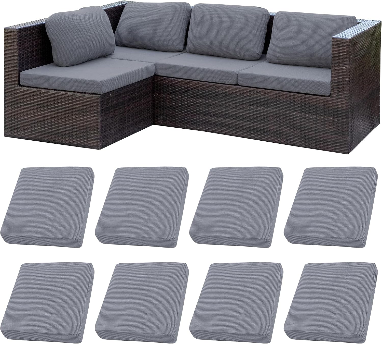 BIETYONE 8Pcs Stretch Patio Cushion Covers,Outdoor Couch Covers Replacement,Outdoor Couch & Sofa Slipcovers,for Patio Furniture Cushion Covers,Washable Reusable Furniture Protector (Grey,Cover Only)