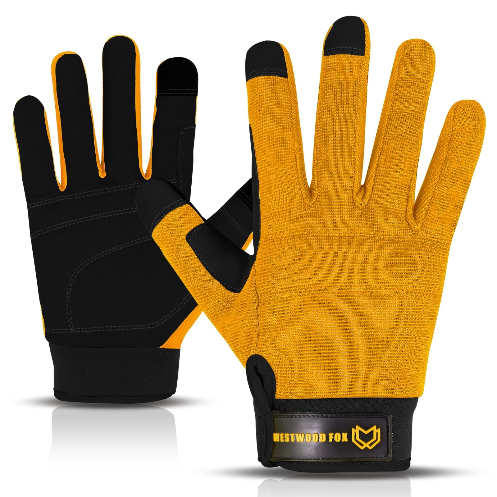 WESTWOOD FOX Safety Work Gloves Heavy Duty Gardening Gloves for Men Thorn Proof Padded Palm Protection Touch Screen Breathable Builder Mechanic Working Multi-Functional (Yellow, Small)
