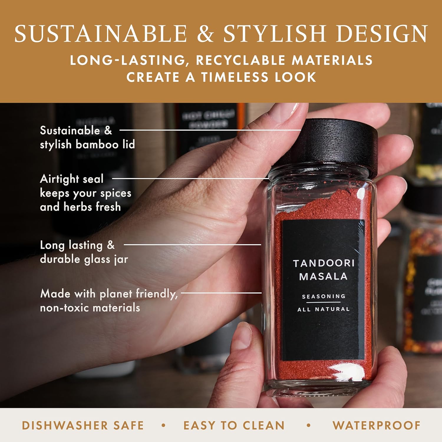 Glass Spice Jars with 360 Labels -24 pcs- 4oz- Spice Containers black Bamboo Lids -Shaker Lids- Pepper Grinder-Spice Organization for Cabinet-Drawer-Rack-Seasoning Organizer-Square bottles