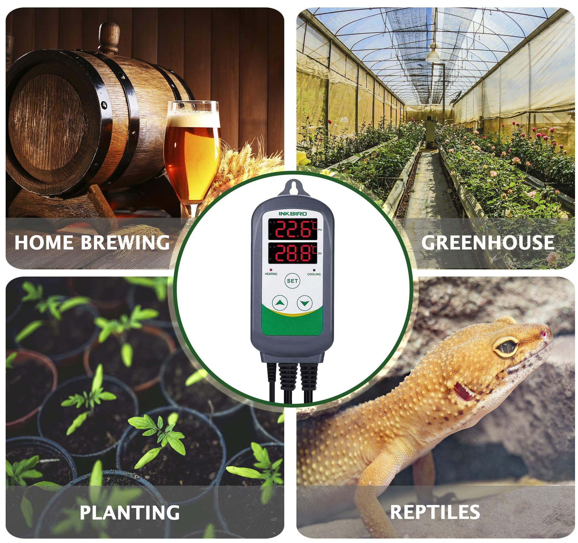 Inkbird ITC-308 Prise Thermostat Numérique avec 2 Relais 220V Sonde, Controleur Température Chauffage Refroidissement pour Terrarium,Reptile,Incubateur,Serre,Couveuse,Brassage