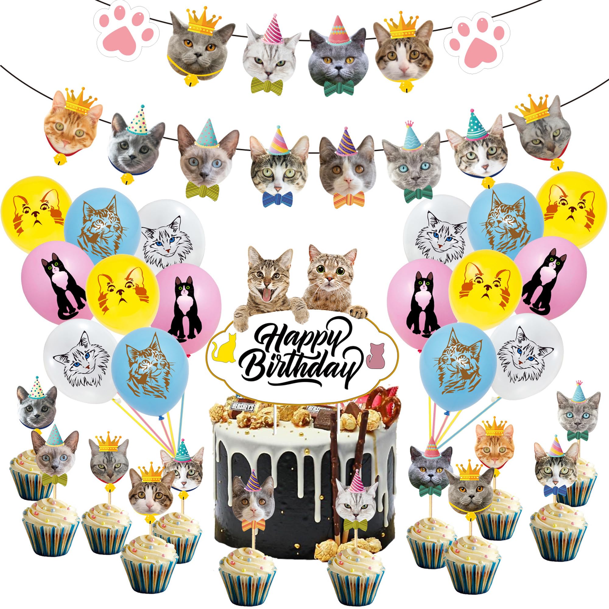 TSJ 42 PCS Cat Birthday Party Decorations Cat Theme Party Supplies Kitten Party Favors Include Cat Cupcake Toppers Happy Birthday Banner Cat Balloons