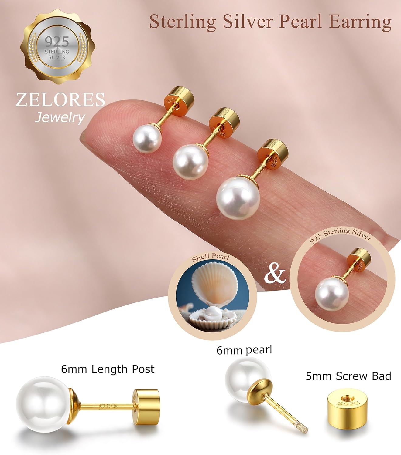 Sterling Silver Pearl Earrings for Women 18K Gold Plated Small Pearl Stud Earrings White Pearl Flat Back Earrings Brides Bridesmaids Wedding Earrings Jewelry - Image 4