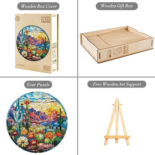 Miniatura 5 de Jigfoxy Rompecabezas de madera para adultos, rompecabezas de madera de cactus vitrales para adultos, rompecabezas de madera con forma de animal
