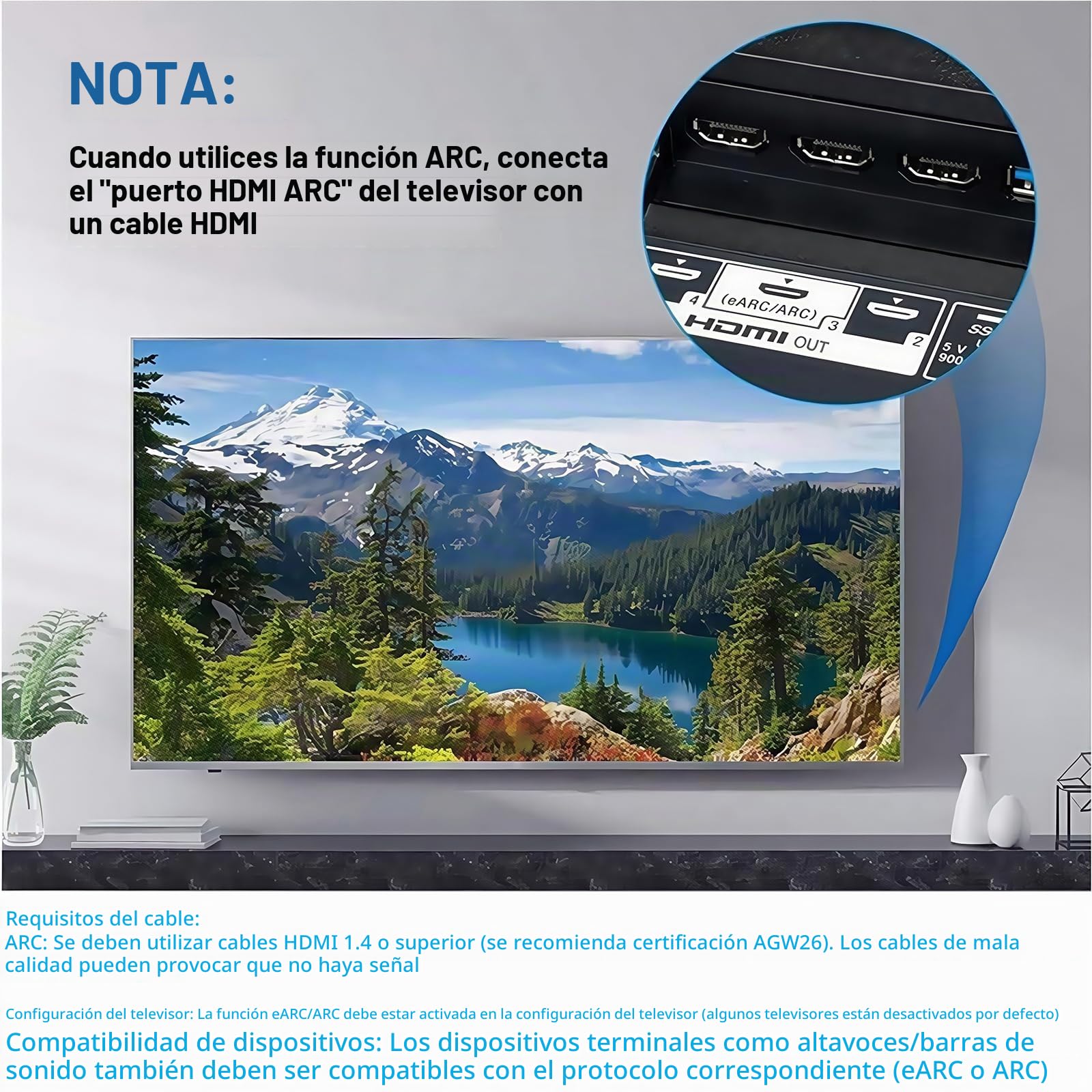 Extractor de Audio HDMI eARC/ARC a HDMI (solo audio) + Óptico (SPDIF) + RCA + 3.5mm – Soporte ARC/eARC – 5.1/7.1 Canales para TV, Soundbar, Home Cinema