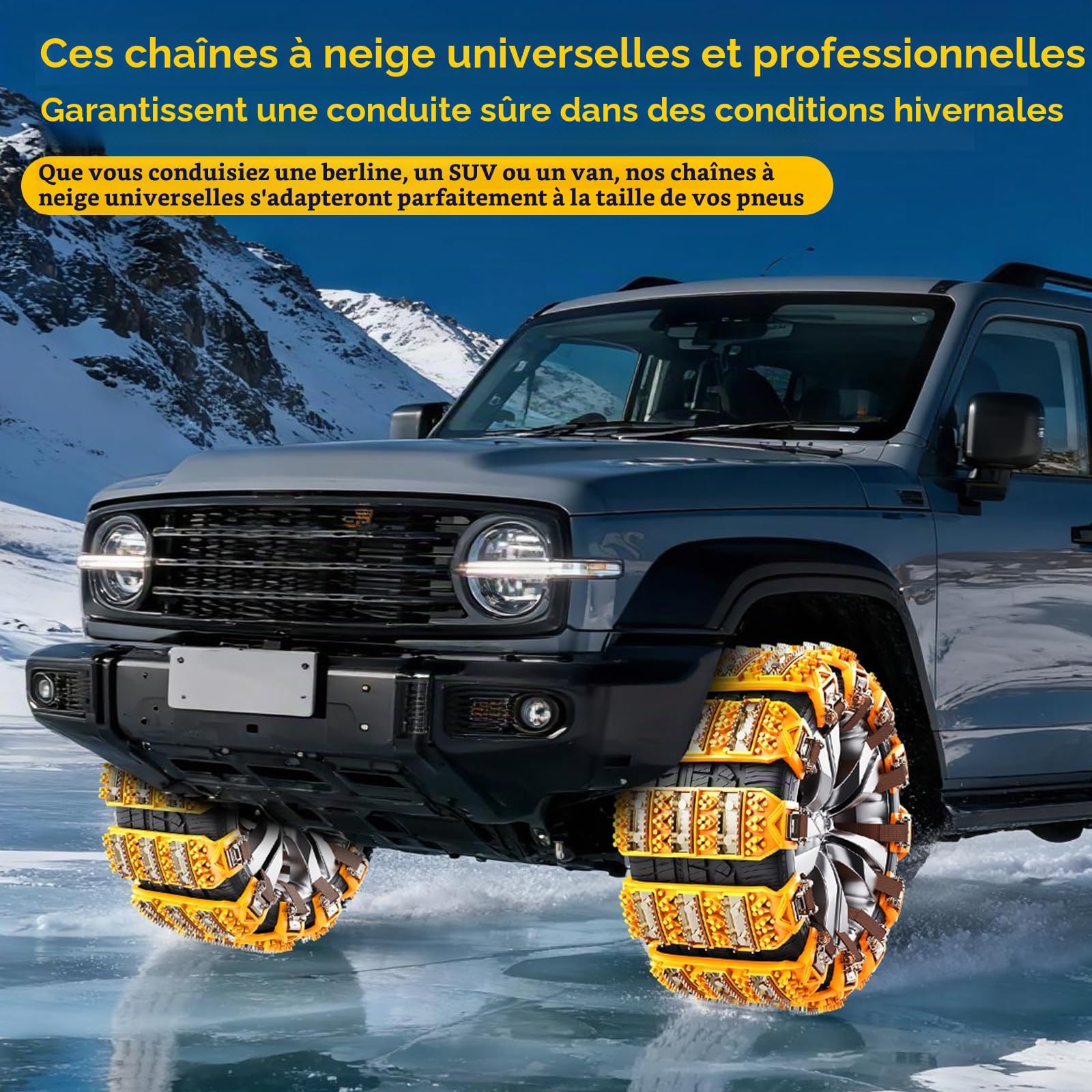 Chaînes à Neige 8 Pièces Anti-Dérapantes et Réglables pour Pneus 165-255 mm - Facile à Installer, à Picots, pour Voiture, SUV, Camion (Jaune)