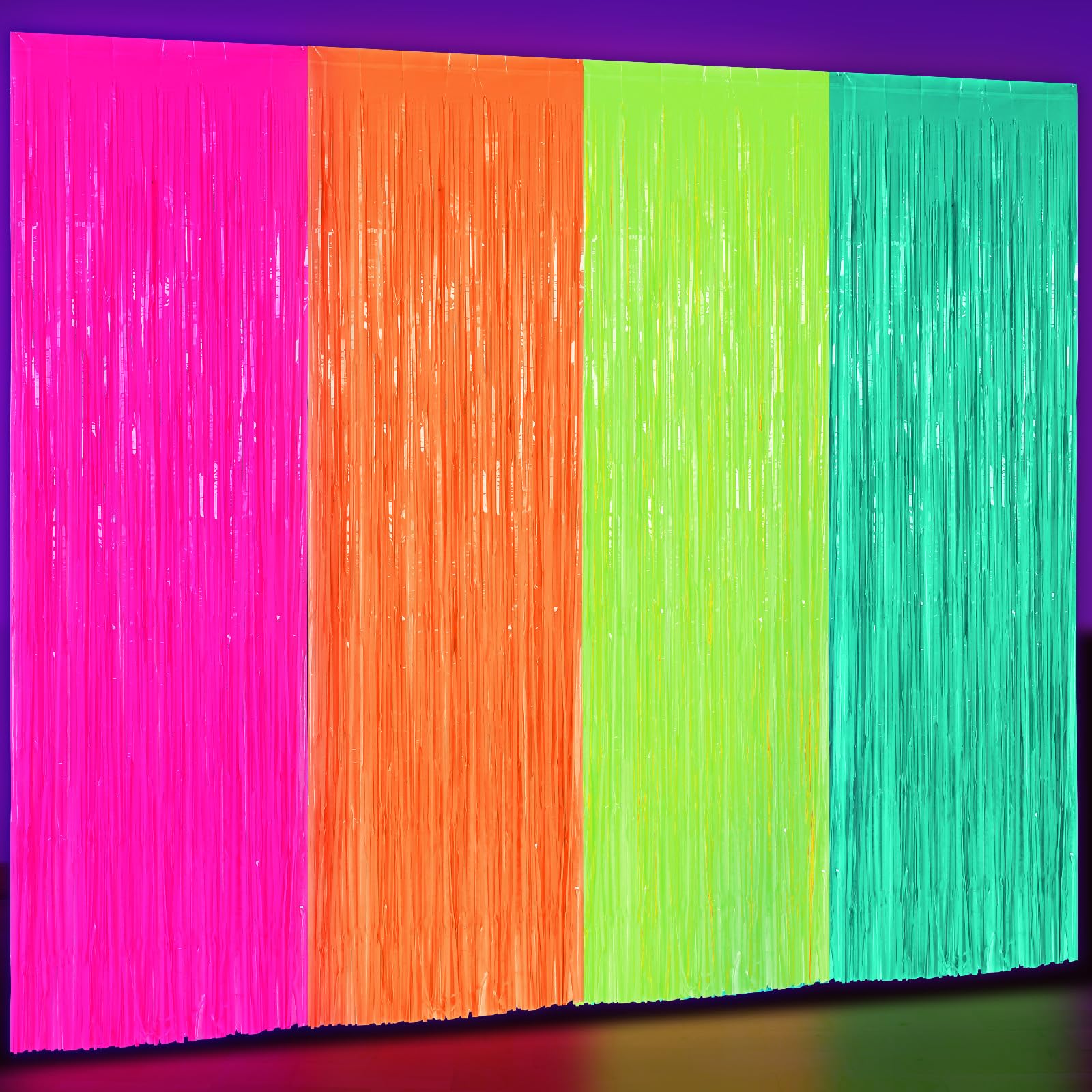 Weysat 4 Pack Glow in The Dark Party Supplies 3.3x6.6 Feet Neon Party Decorations Neon Foil Fringe Backdrop Curtains Tinsel Streamers Backdrop Glow in