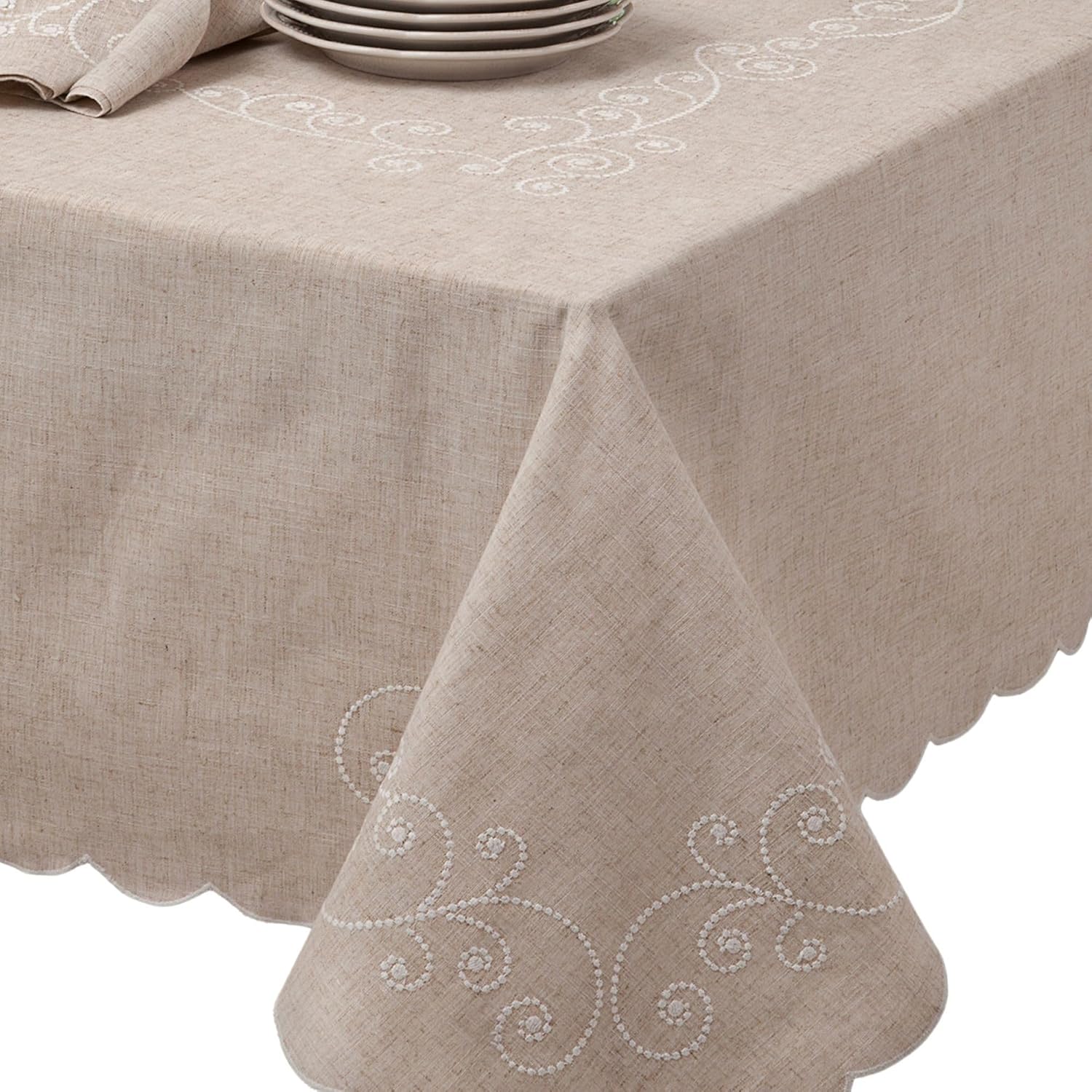Lenox French Perle Linen Embroidered Tablecloth, Linen, 60" W x 120" L