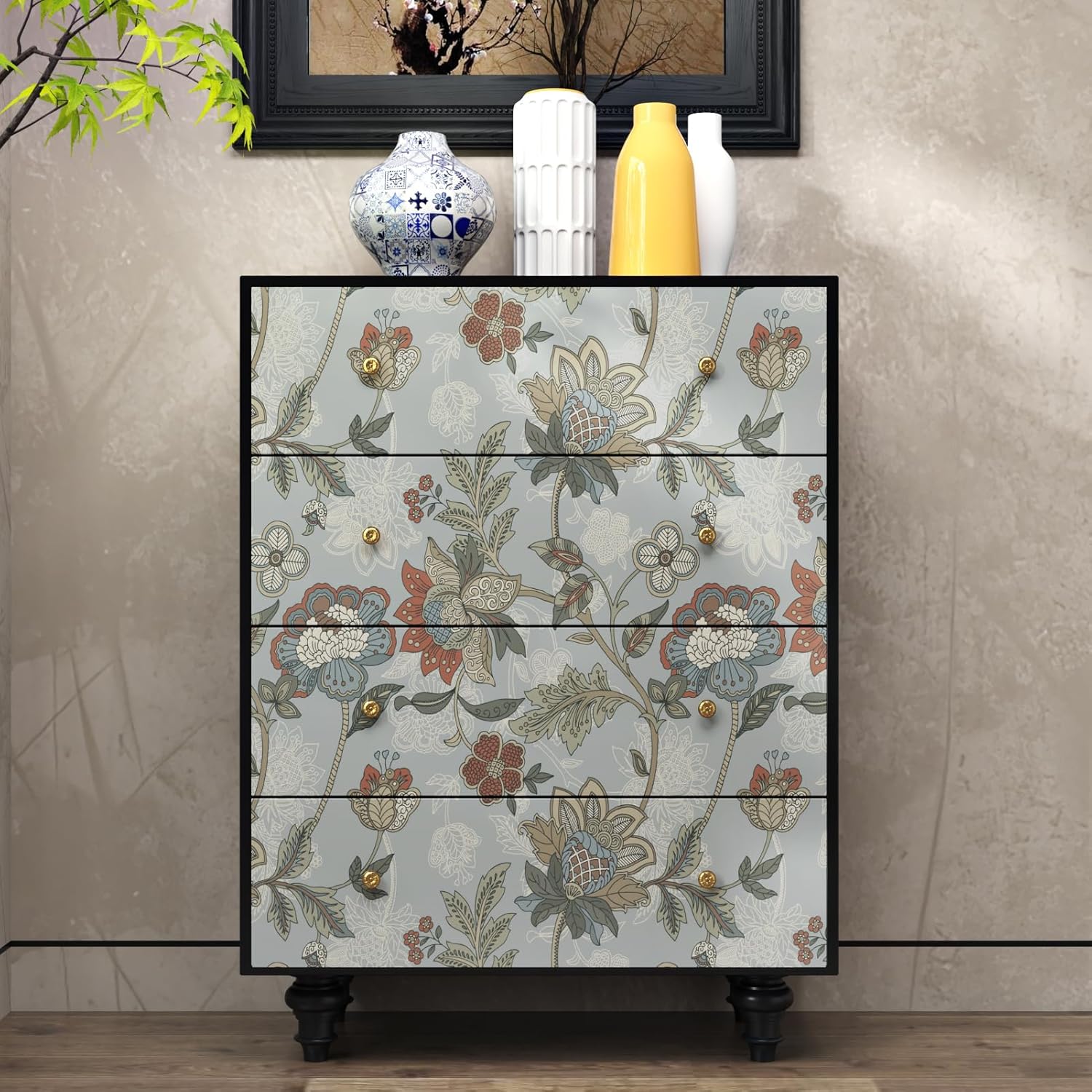 WESTICK Grayish Blue Floral Wallpaper 17.5"x315" Peel and Stick Boho Floral Contact Paper Self Adhesive Folk Garden Wall Paper Vintage Flower Wallpaper for Bedroom Living Room Walls Cabinets