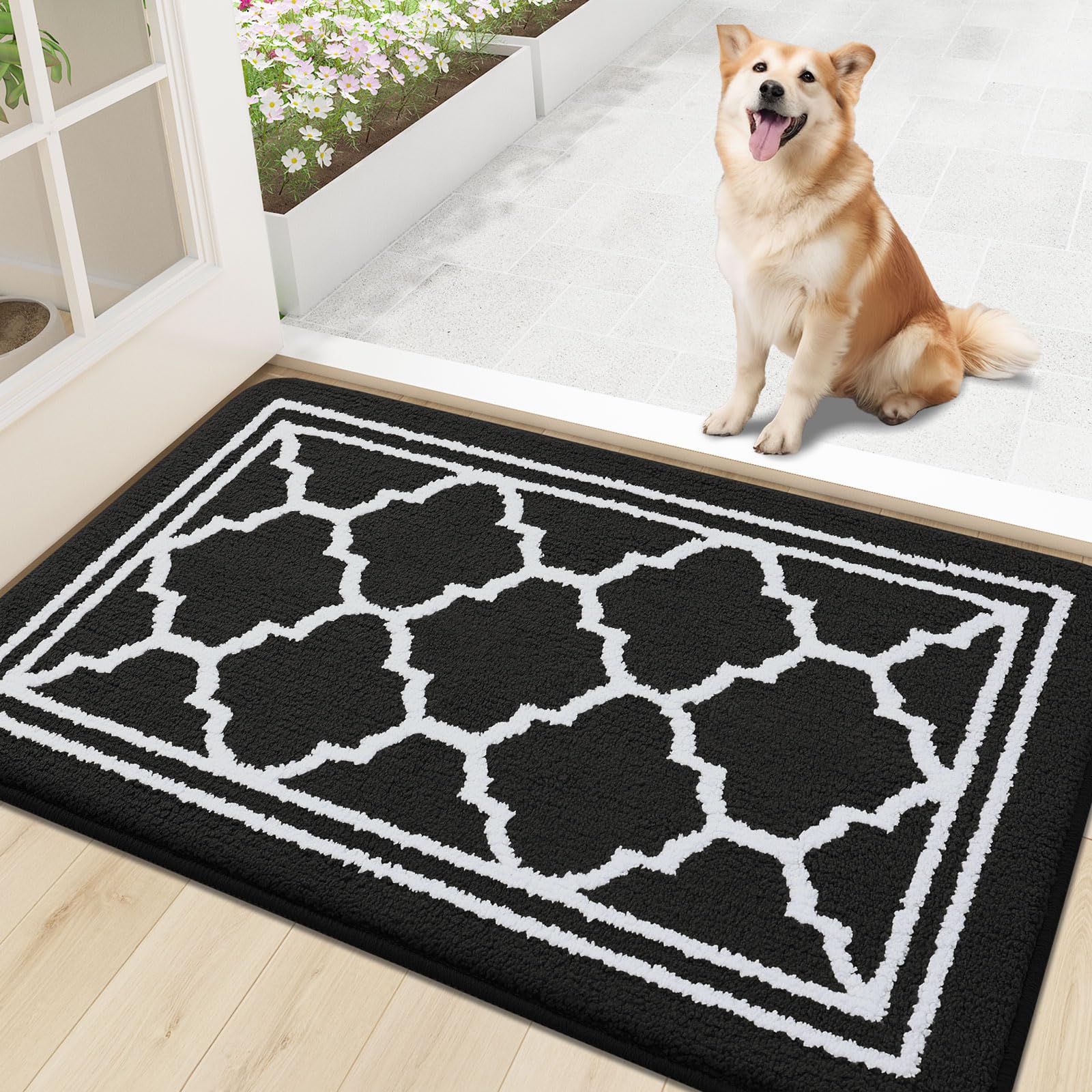 buganda indoor door mat, dirt-resistant and absorbent doormat, anti-slip, low profile floor mats for inside entryway, front, and back door entrance (30x17 inches, black)