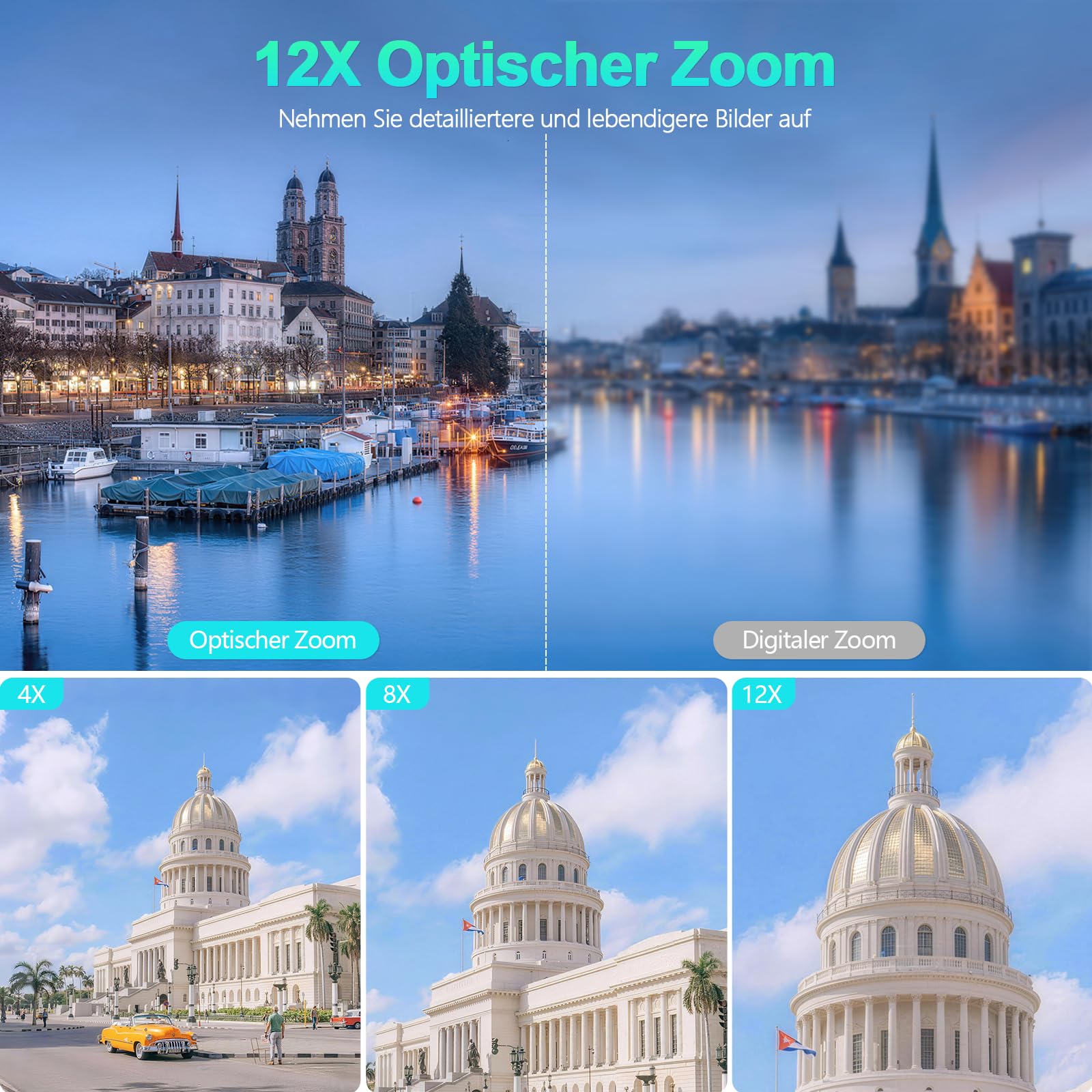 Digitalkamera 5K WiFi 80MP Kamera Fotokamera mit 12X Optischer Zoom, 3" 180° Flip Autofokus Fotoapparat Kompaktkamera für Anfänger, 2 Akkus, 16GB Karte, Schwarz