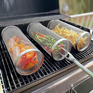 Gomyhom Rolling Grilling Baskets,Cylindrical Grill Basket Stainless Steel Baskets with Fork,BBQ Net Bags Rack Camping Accessories for Outdoor Grill,Vegetables,Fish,Meat(30CM)
