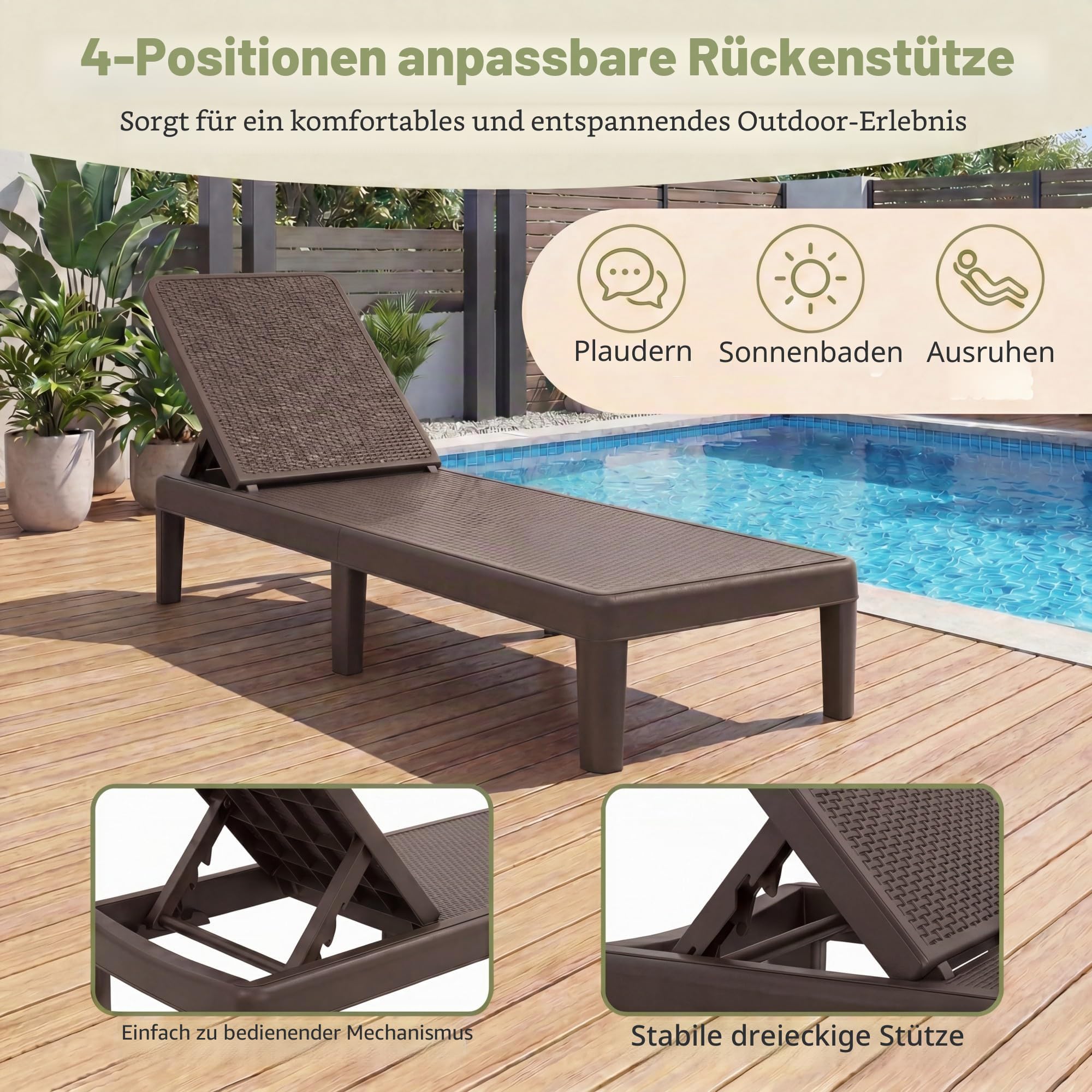 LIFEZEAL Sonnenliege Rattan, Gartenliege mit 4-Fach Verstellbarer Rücklehne, Liegestuhl Relaxliege mit Rattan-Optik, Strandliege bis zu 150 kg, Lounge Sessel Outdoor für Balkon, Garten (Braun)