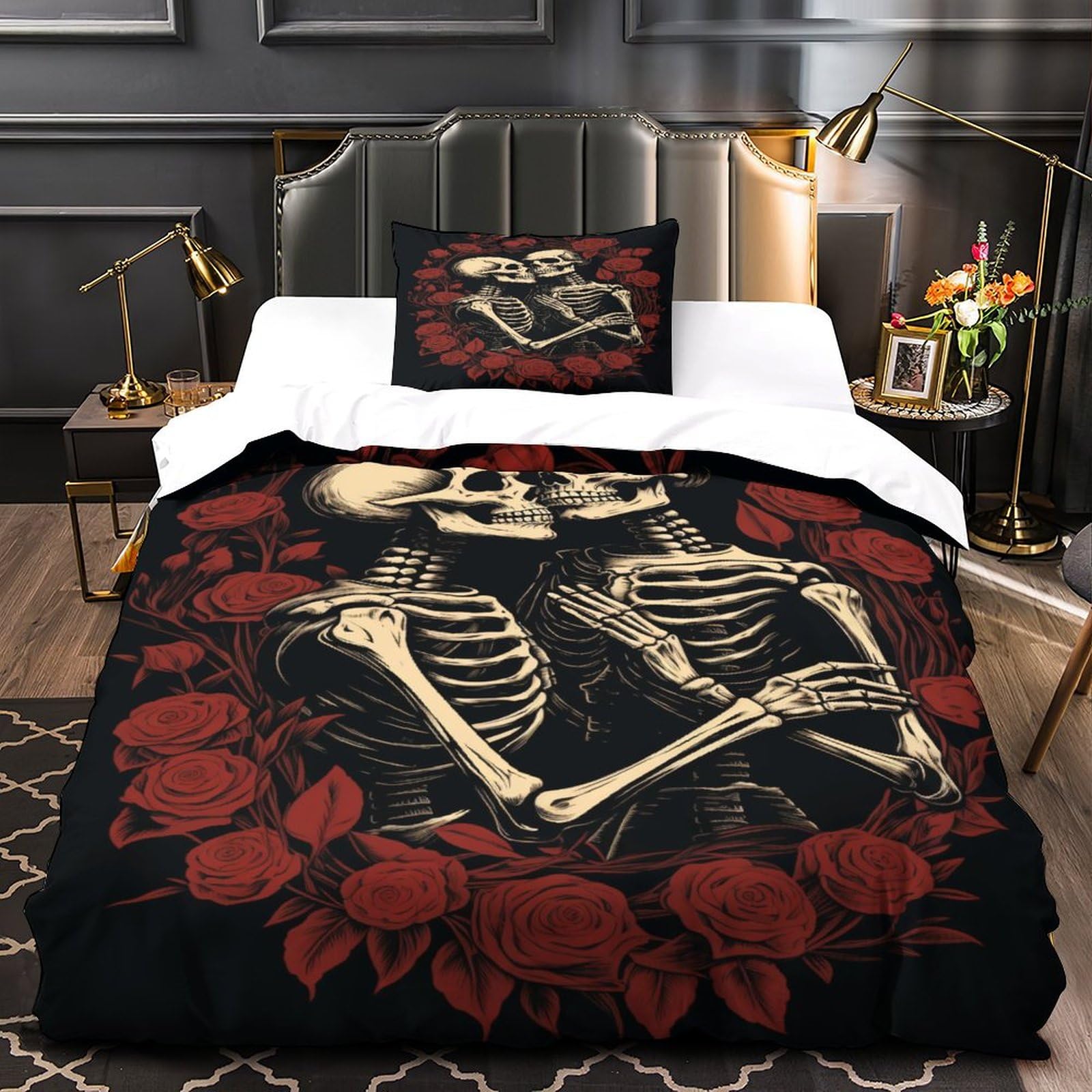 Rose Scheletro Set Biancheria Da Letto Per Bambini E Adulti,SACRO Copripiumino Liscio E Confortevole Con Una Sensazione Di Stampa 3D, Copripiumino Con Cerniera Nascosta E Federa Single(135x200cm