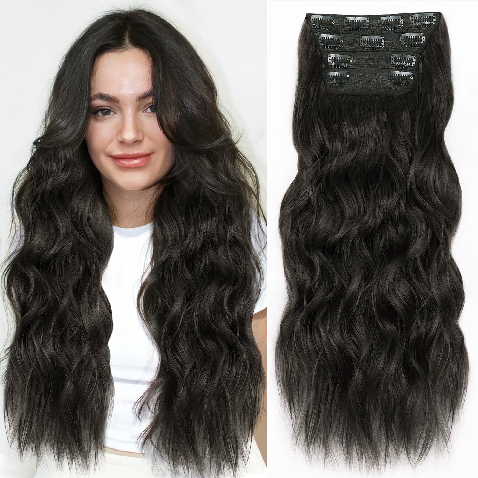 ALXNAN 24 Inch Long Wavy Black Brown Synthetic Hair Extensions 4 Pieces Thick Hair Extensions Double Weft for Women