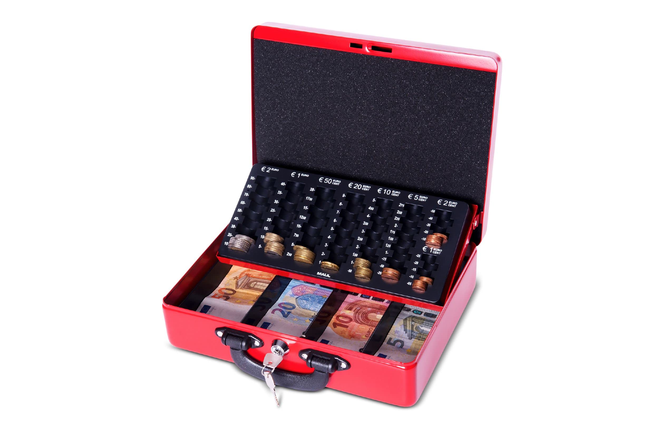 MAUL - Caja de caudales con contador, acero, uso europeo, cerradura de cilindro de seguridad, 300 x 245 x 93 mm, color rojo | inserto contador encajable, cierre cilíndrico seguro, asas estables, tapa abierta automática, acolchado antideslizante