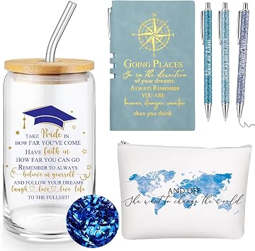 Domensi 6 Pcs Class of 2026 Graduation Gift for Her 16oz Glass Cup Makeup Bag Compass Journal Ballpoint Pens Inspirational Graduation Gift Set for College High School Daughter Sister FriendBlue