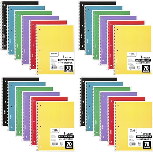 Mead Cuadernos en espiral, paquete de 24, 1 materia, papel rayado universitario, 7-12 x 10-12 pulgadas, 70 hojas por cuaderno, los colores variarán