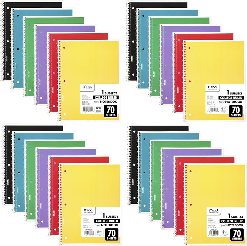 Mead Spiral Notebooks, 24 Pack, 1 Subject, College Ruled Paper, 7-1/2" x 10-1/2", 70 Sheets per Notebook, Colors Will Vary (830062-ECM25)