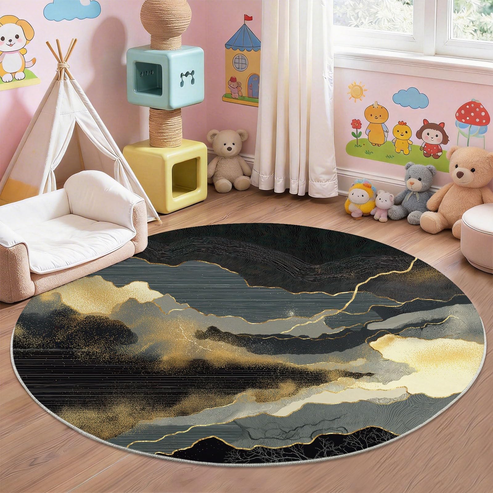 Tappeto rotondo lavabile, 120 cm, moderno, a pelo corto, stile minimalista, lussuoso, per soggiorno e tavolino, nero, antiscivolo, per camera da letto e ufficio