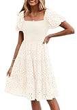 Womens Summer Puff Sleeve Mini Dress Off Shoulder Eyelet Smocked A Line Casual Babydoll Short Dresses