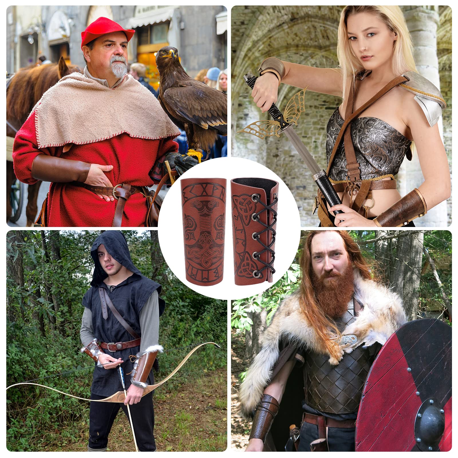 GORGECRAFT Brassards Médiévale Cuir Marteau Motif Gardes Bras Tir à l'arc Boucle Unisexe Marron Noix de Coco