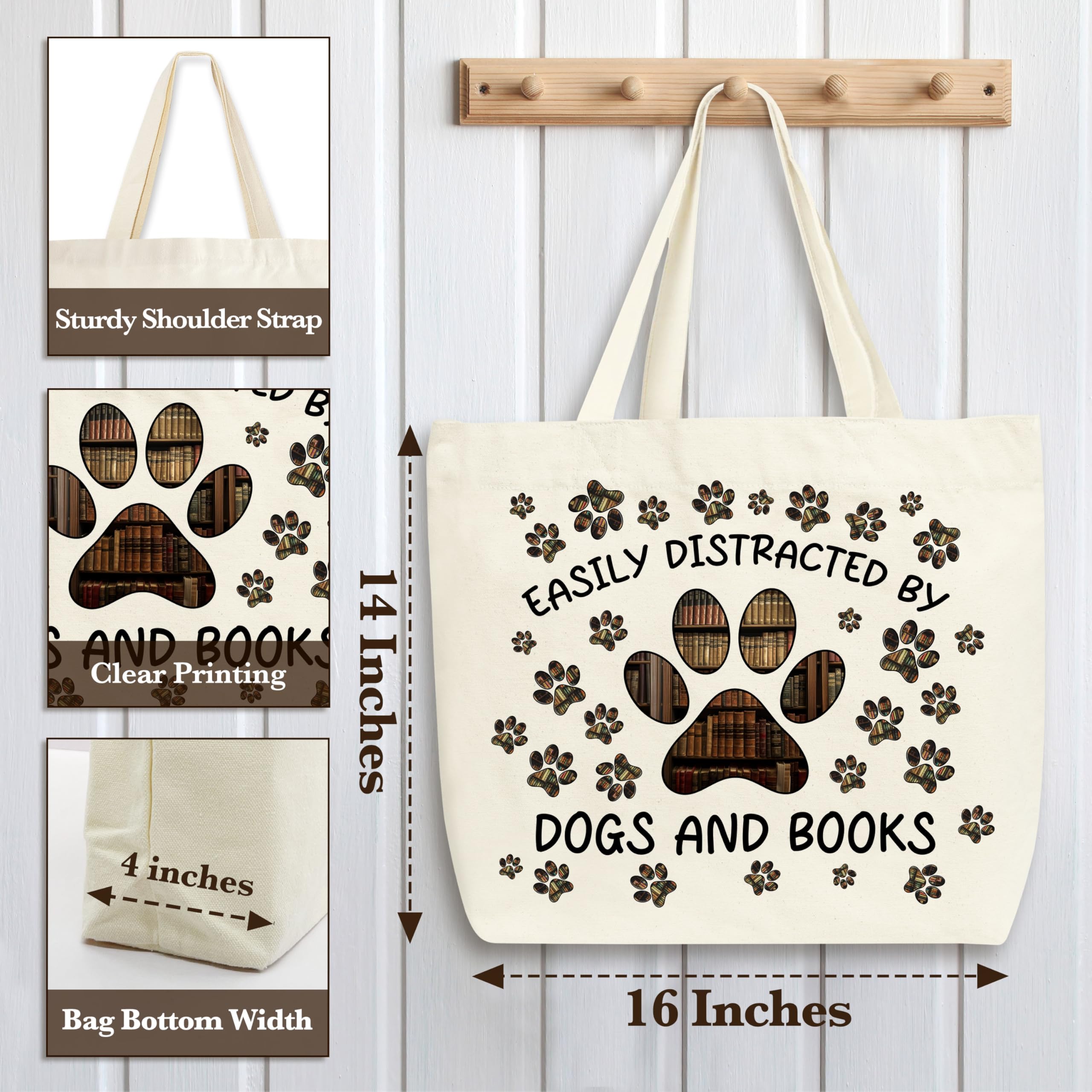 Zcsni Dogs And Books Tote Bags, Easily Distracted By Dogs And Books Shopping Bag For Women, Cute Gifts For Friend Book Lovers Read Lovers Dog Lovers Dog Mom, Shoulder Bag For Library Read Room -A06 - Image 2