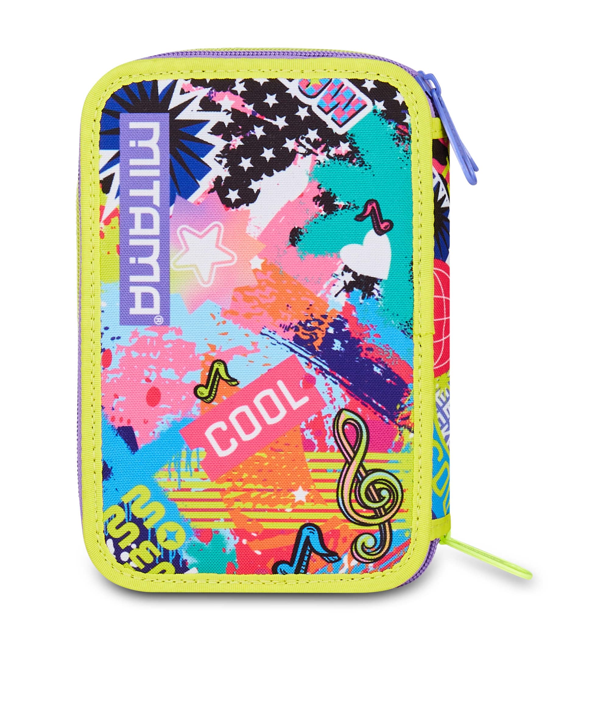Mitama Astuccio Scuola 3 Scomparti, TRIPLO MUSIC STICKER, Contenuto 47 pz, Completo di Matite, Pennarelli, Portapenne Scuola Elementare Bambina
