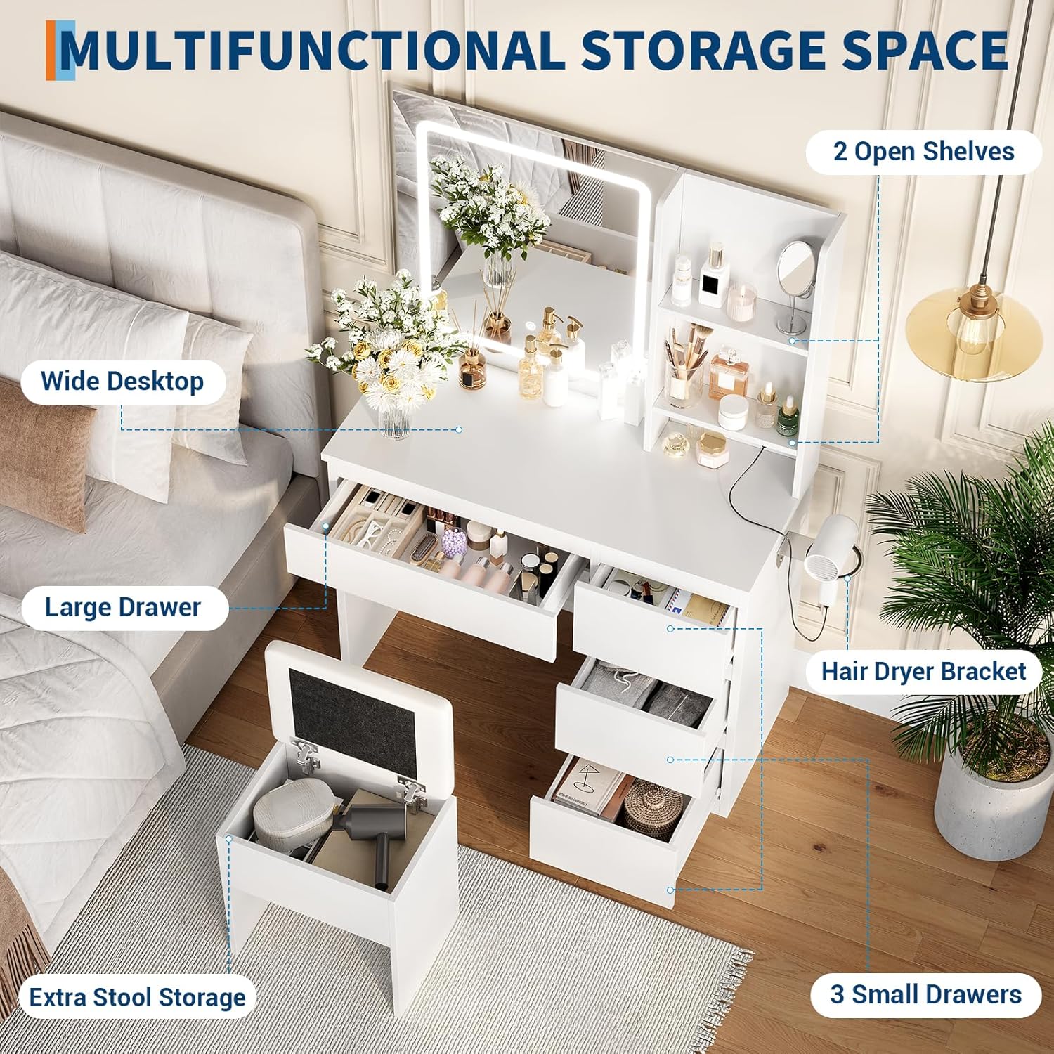 GarveeHome Vanity Desk with Mirror and Lights - Modern Makeup Dressing Table with Outlets, Storage Stool, 4 Drawers & Hair Dryer Holder - 3 Colors LED Vanity Mirror, Vanities for Bedroom, White