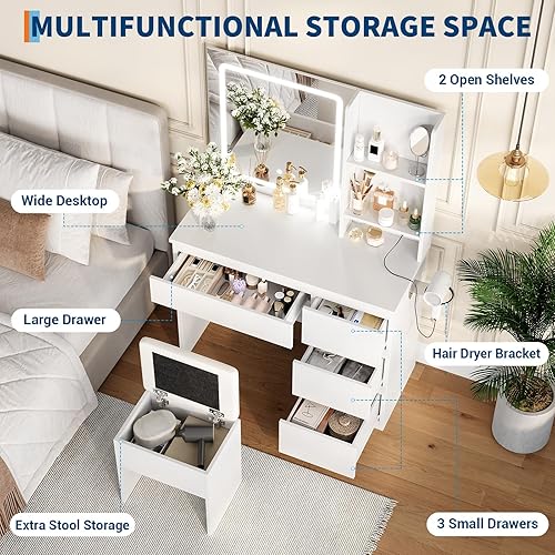 Miniatura 5 de Escritorio de tocador de maquillaje con espejo iluminado, juego de tocador con 4 cajones, toma de corriente, taburete de almacenamiento, estantes de