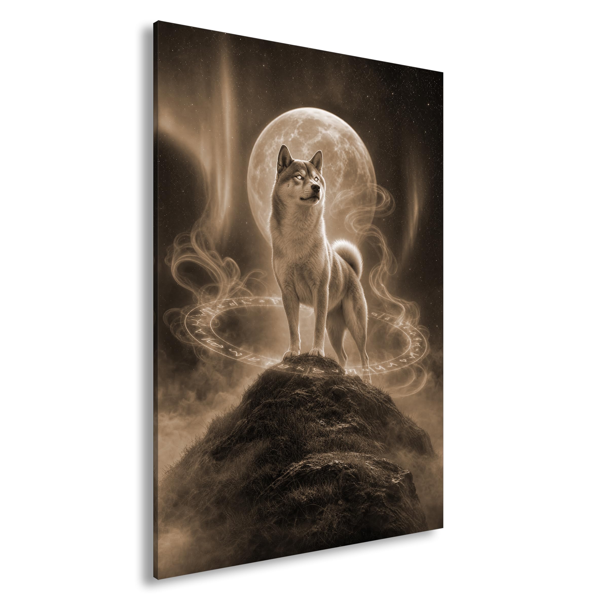deyoli Obraz na płótnie Shiba Inu ze świecącymi oczami przed księżycem 80 x 60 cm Sepia