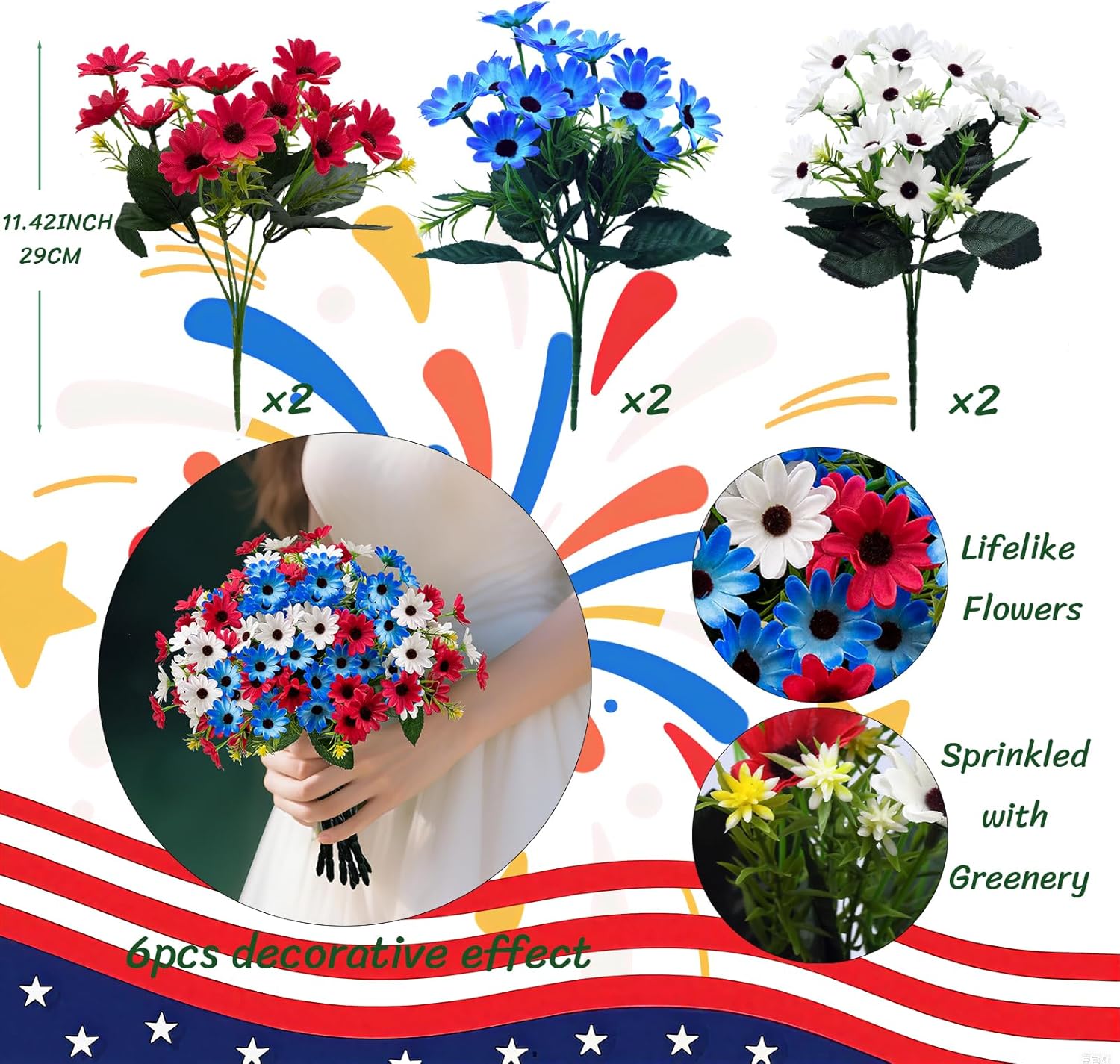 6 Bundles Red White and Blue Flowers, Artificial Daisy Flowers for Outdoor Memorial Day Flower for Cemetery Grave Independence Day Home Kitchen Party Decoration (11.42")