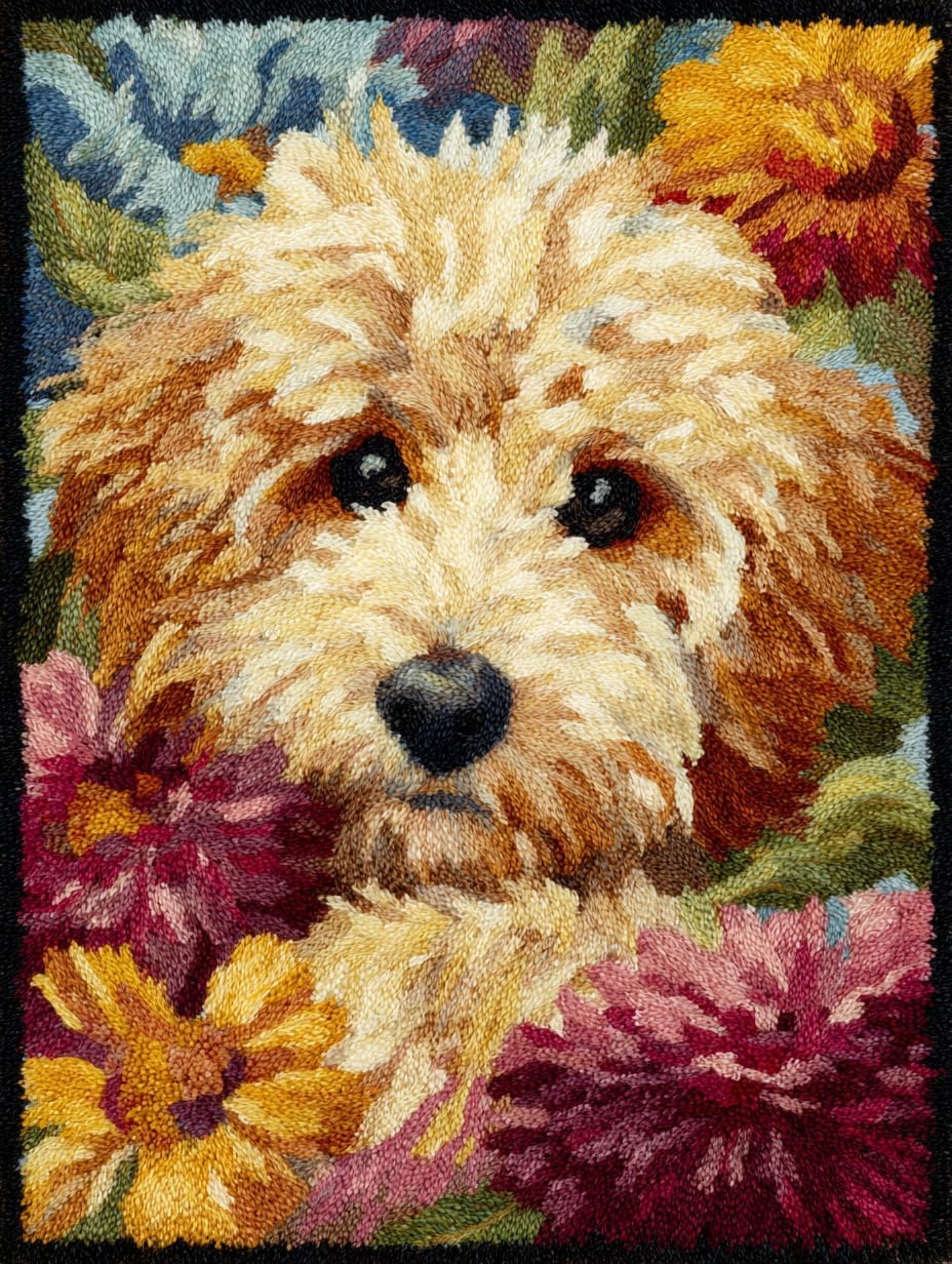 DIY Latch Hook Rug Kit Cute Golden Doodle Dog Portrait in Flowers Easy for Beginners Crochet Yarn Hook and Latch Tapestry Mat Cushion Craft Set for Home Decor 38x52cm
