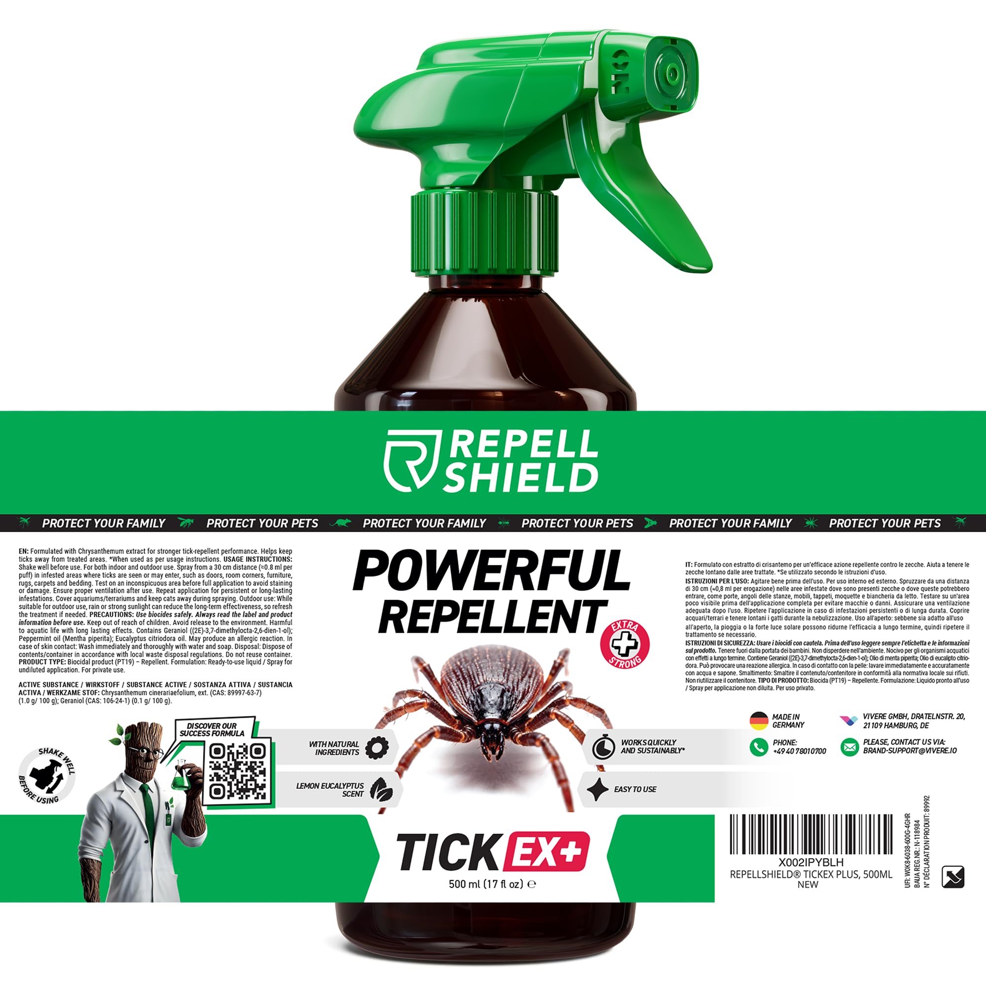 RepellShield® Spray Repellente per Zecche - 500 ml - Protezione per Pelle e Tessuti - Non Macchia - Uso Interno ed Esterno - Soluzione Repellente per Zecche Multiuso con Estratto di Crisantemo