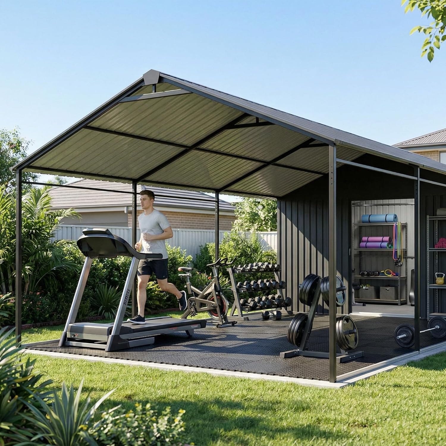 12x25 Metal Carport, 12x20 FT Car Port with 12x5 FT Storage Shed, Heavy Duty Galvanized Steel Waterproof Snow Load Resistant Outdoor Garage Car Shelter for Car, Truck, Boat, Garden Tools, Grey