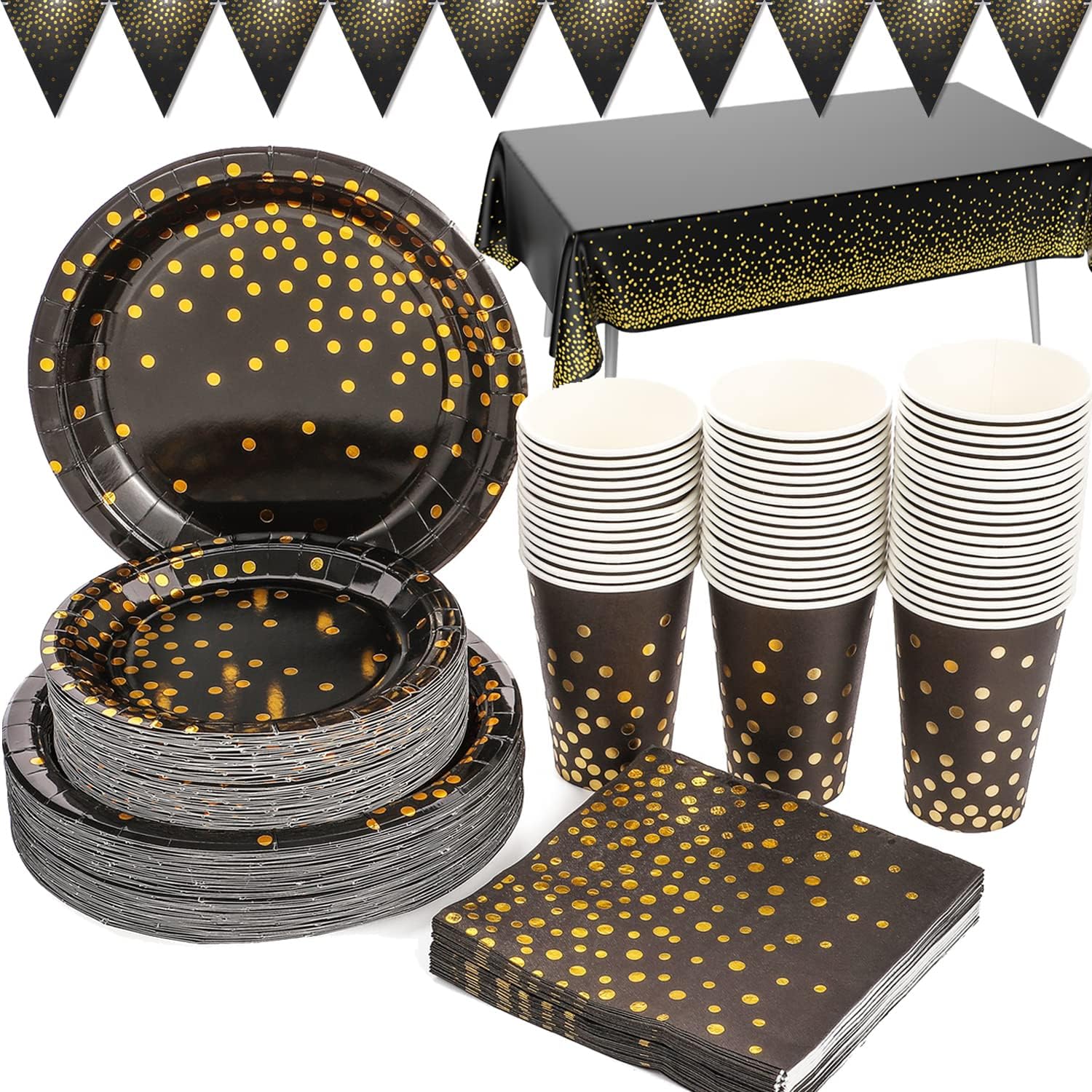 Black and Gold Party Supplies 99 Pieces Golden Dot Party Tableware Includes Paper Plates, Napkins, 9oz Cups, Tablecloth, Banner, for Birthday, Anniversary, Graduation, New Years Eve, Serves 24