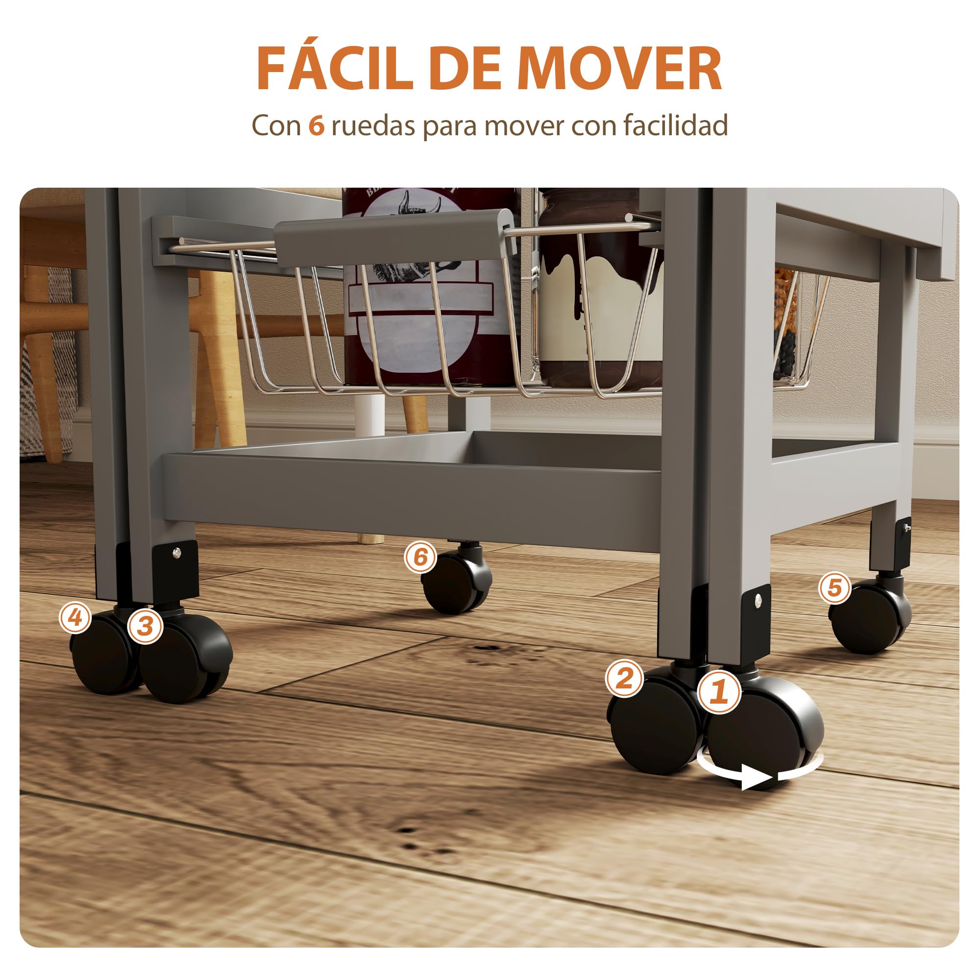 HOMCOM Carrito de Cocina con Alas Plegable, Carrito Auxiliar con Ruedas, Verdulero con Cajón y 3 Cesta de Metal, 97,2x37x77,5 cm, Gris y Roble