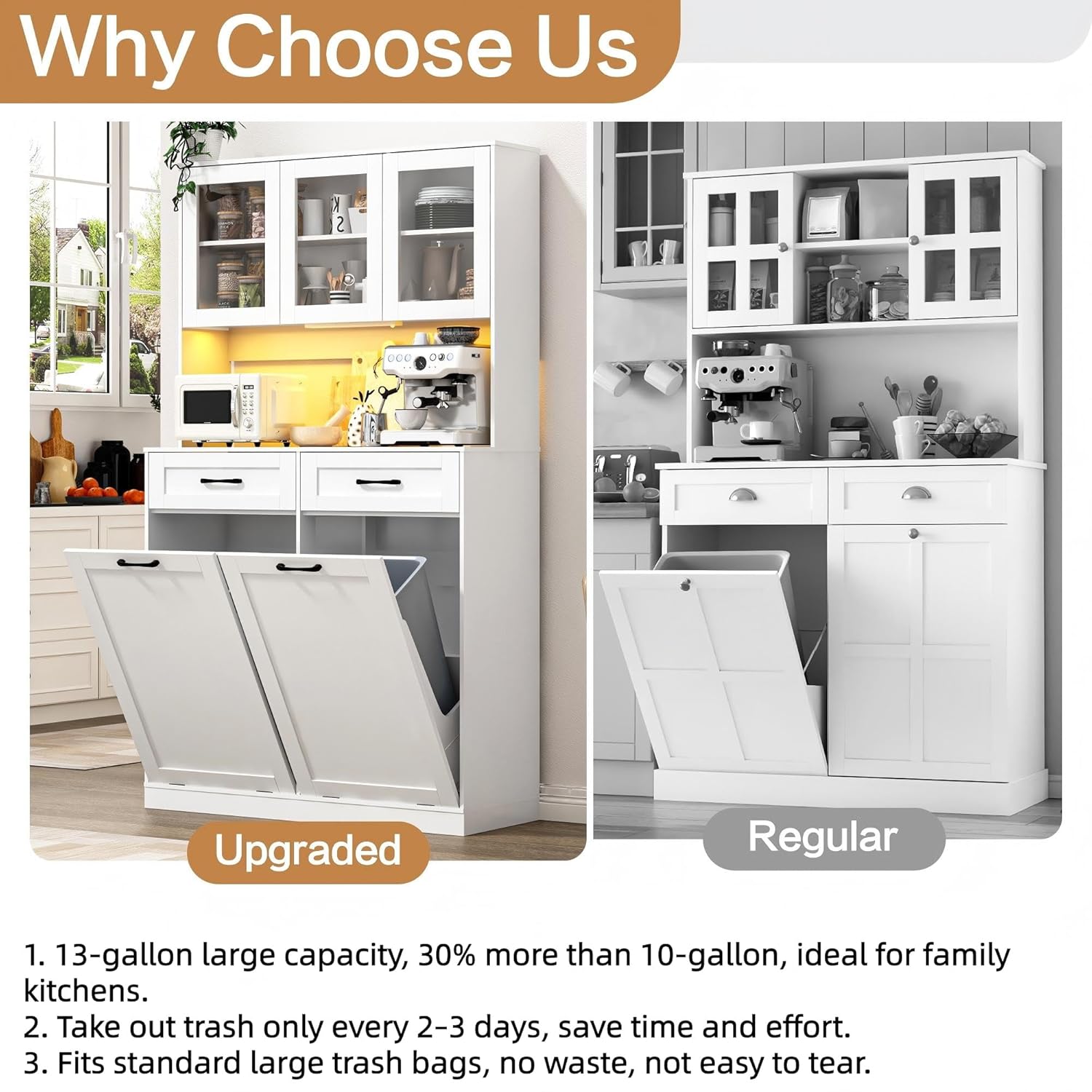 Squireewo 72" Tall Kitchen Trash Can Cabinet with Sensor Light and Power Outlet, 2x13 Gallon Double Garbage Can Hutch Cabinet with Storage Drawers, Kitchen Storage Pantry for Dining Room, White